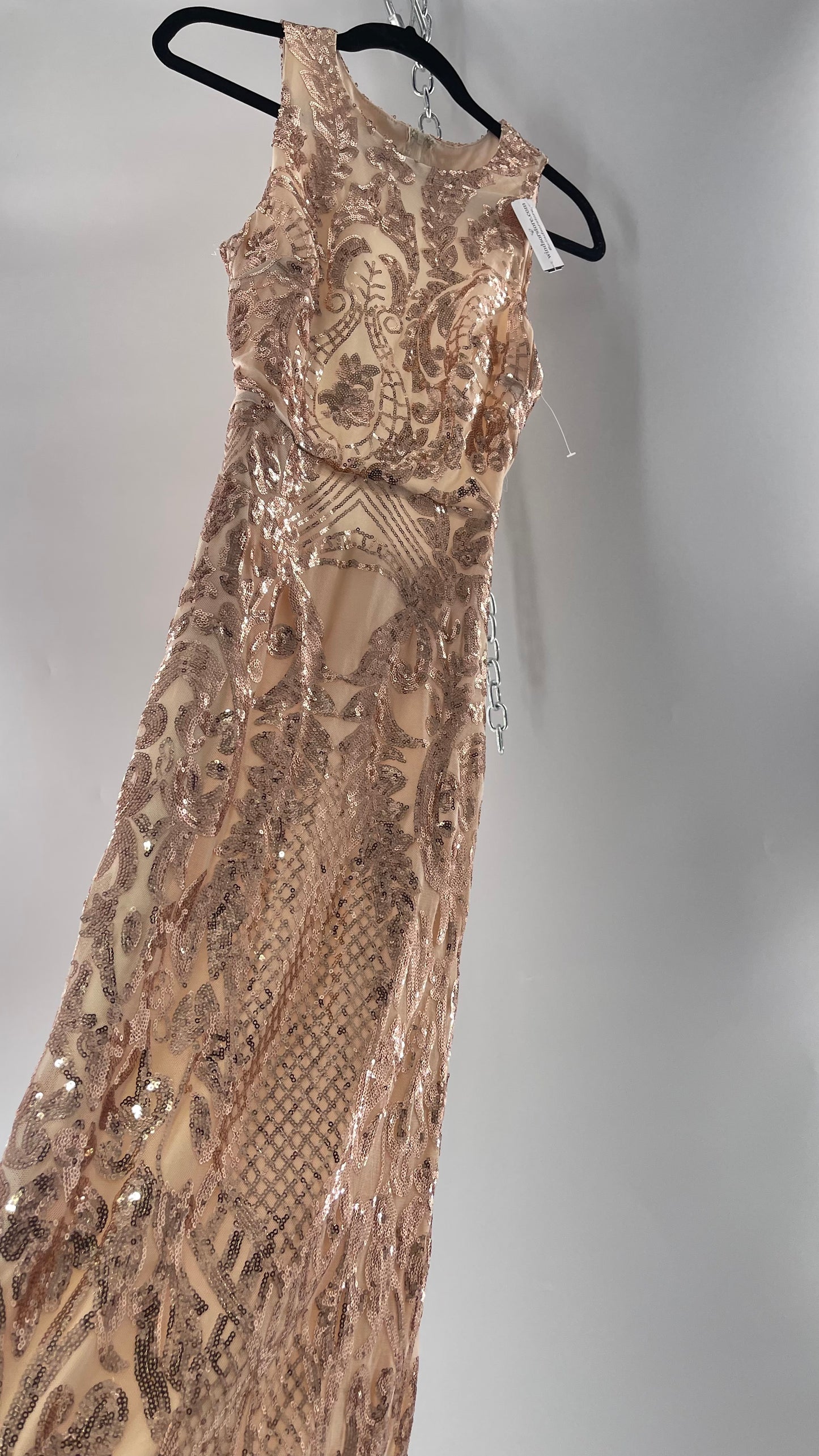 Windsor Rose Gold Sequin Maxi Dress with Side Slit Detail and Open Back (Small)