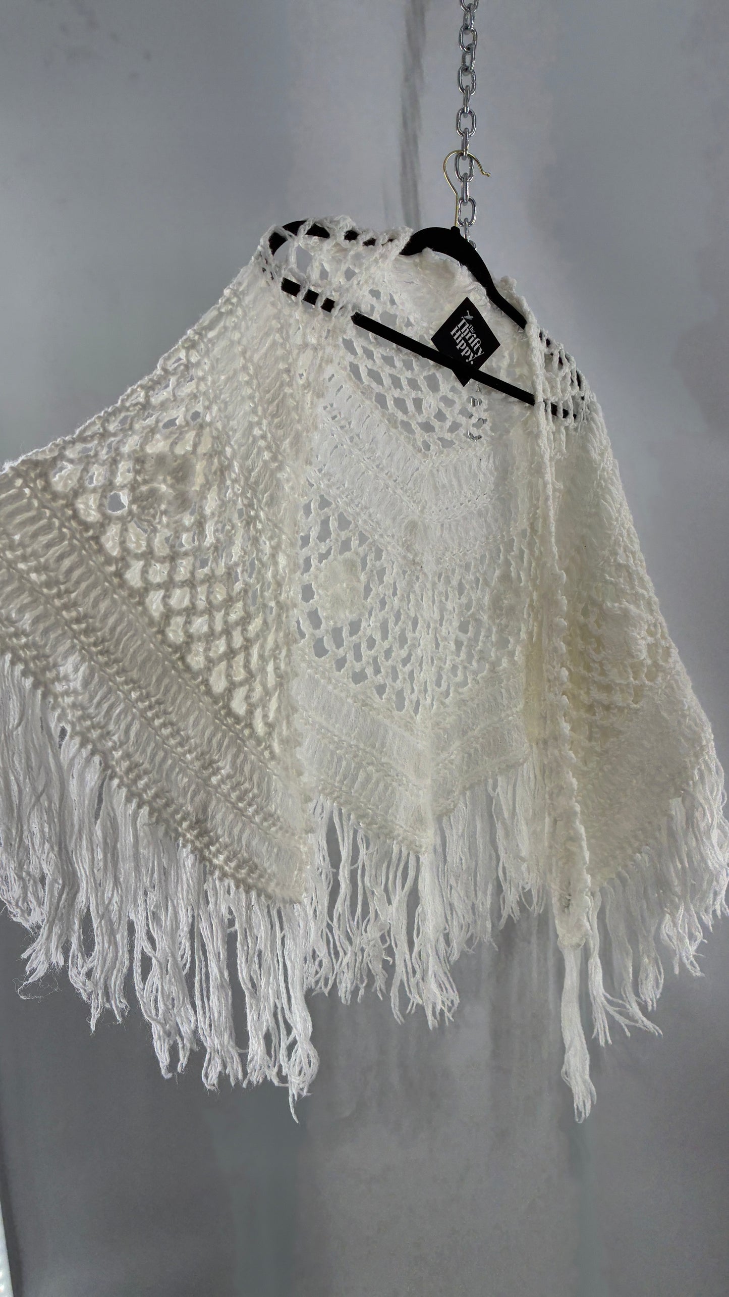Vintage Off White Hand Knit Scarf Poncho Shawl Cape