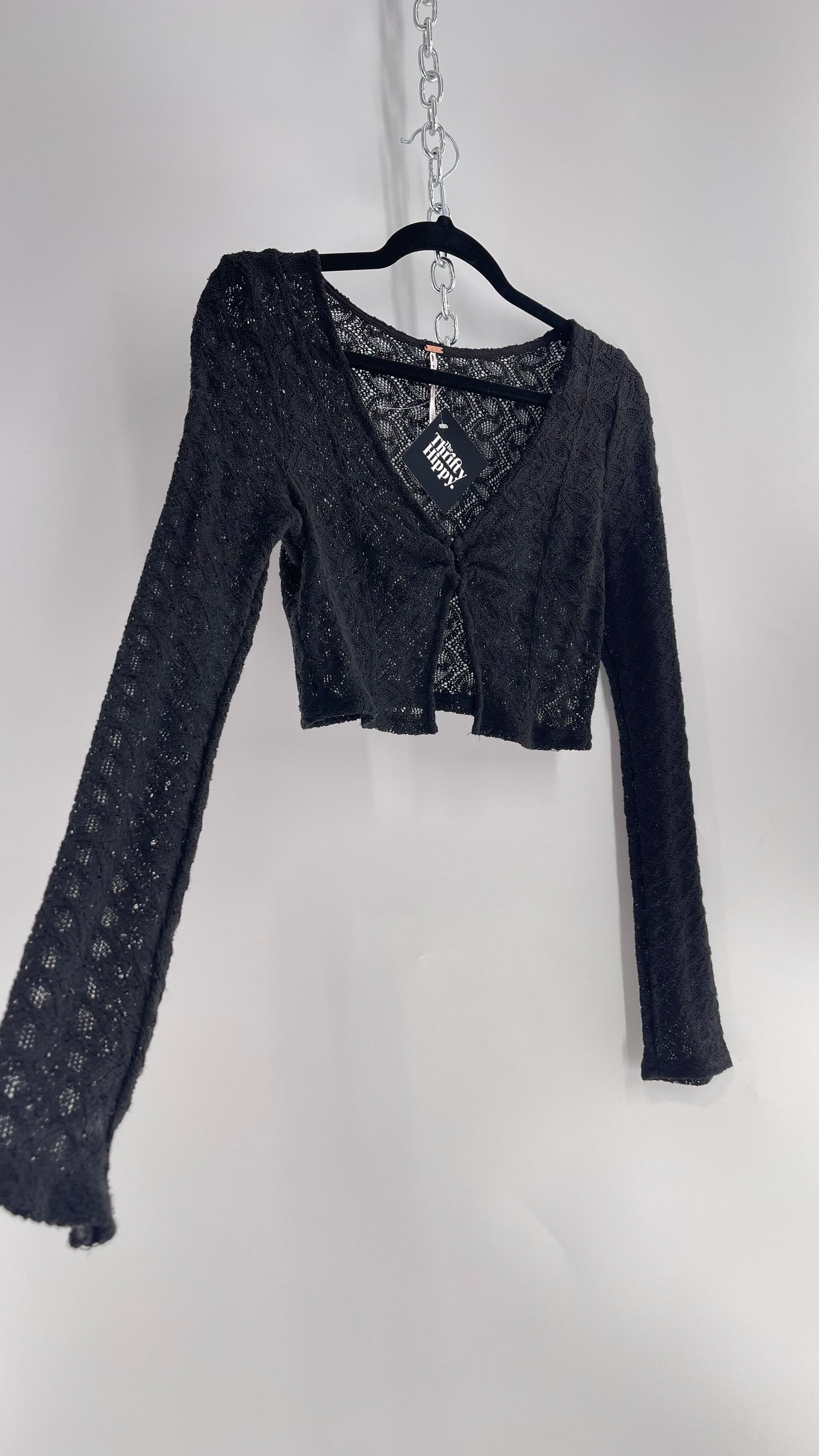 Free People Black Knit Lace/Crochet Like Cropped Long Sleeve with Metal Buckle Bust  (Medium)