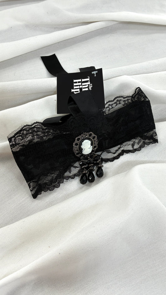 Edwardian Lace choker with Cascading Beads and Tag Attached