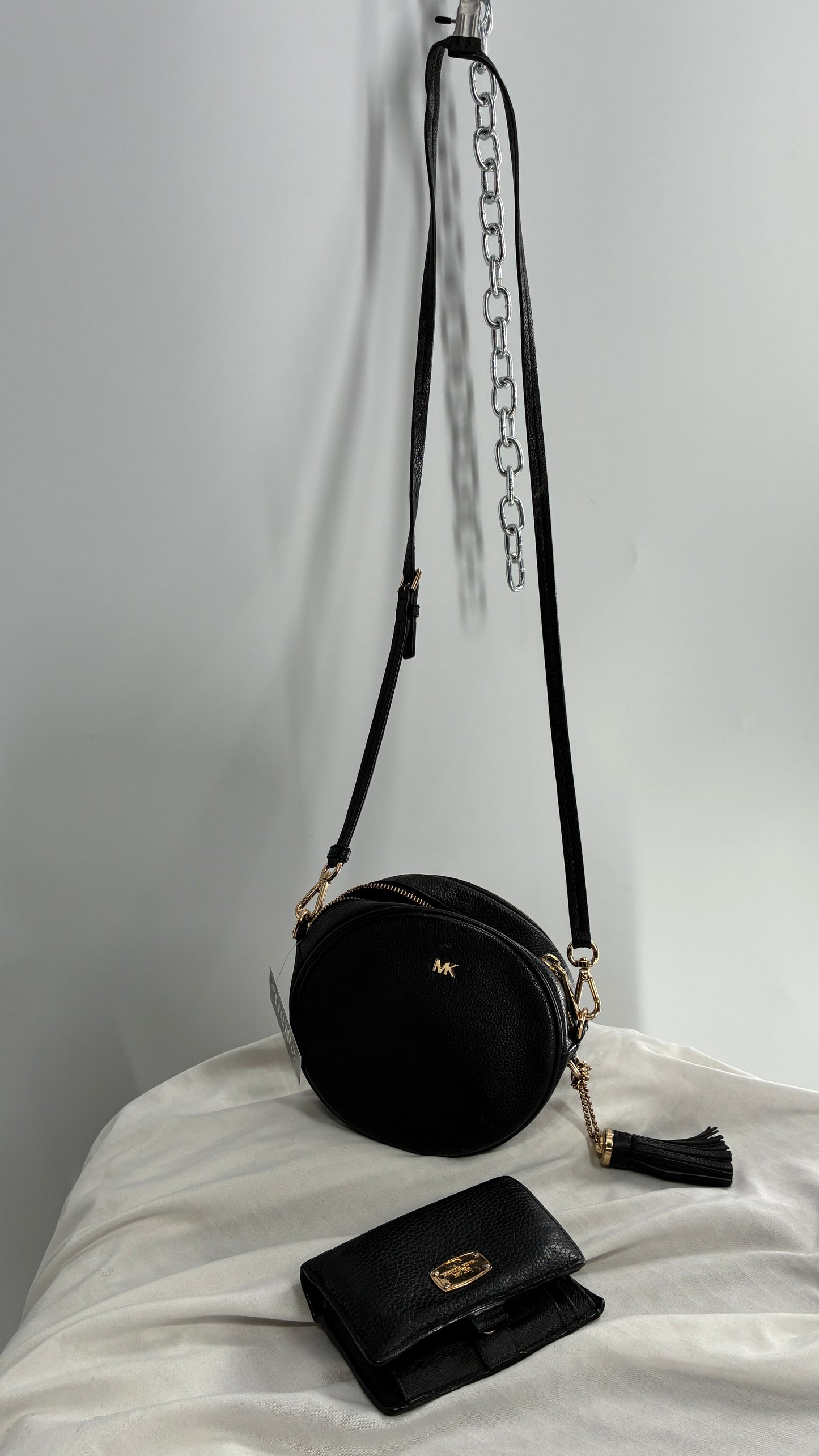 Michael Kors Black Round Crossbody Purse and Matching Wallet