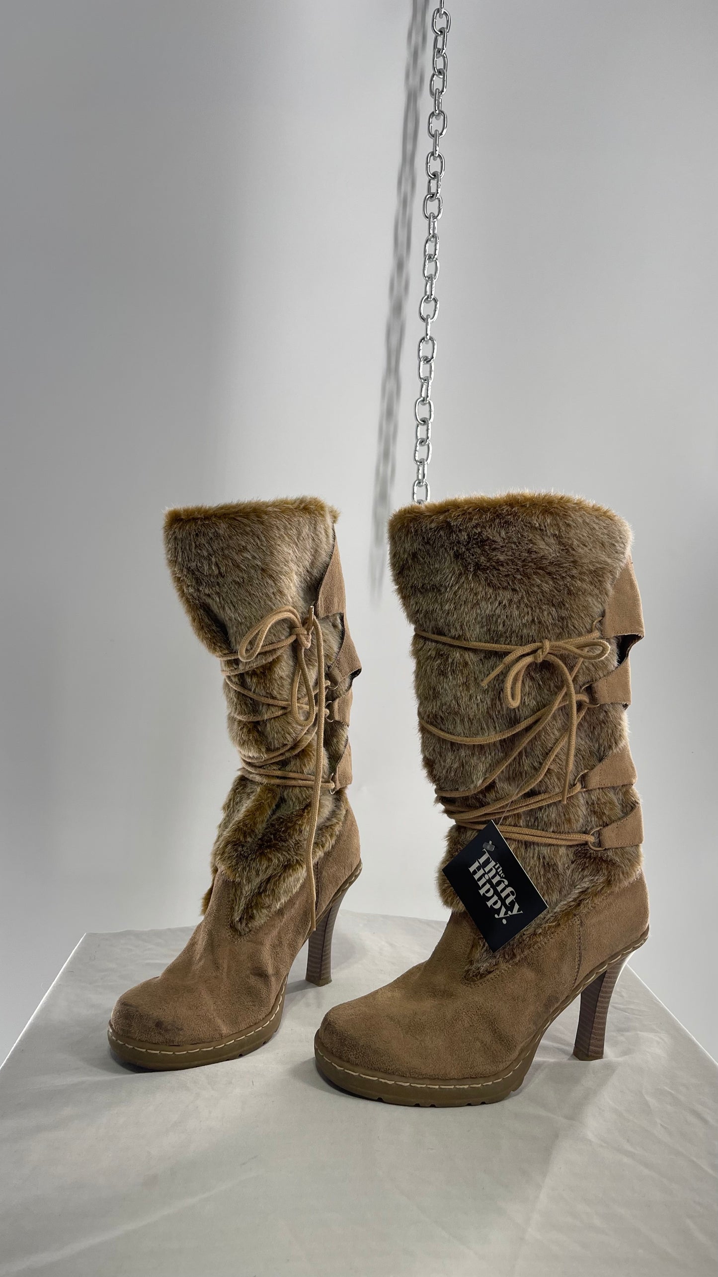 Vintage Round Toe Faux Fur Booties with Tie Up Details (7.5)