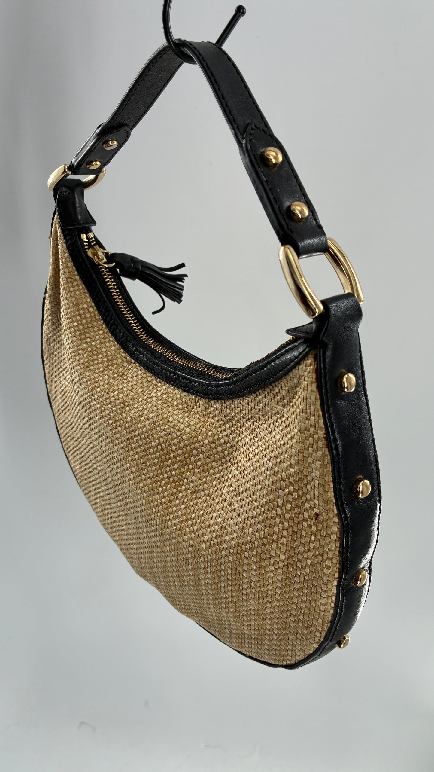 Vintage COLE HAAN Straw Shoulder Purse with Black Leather, Gold Studded Trim
