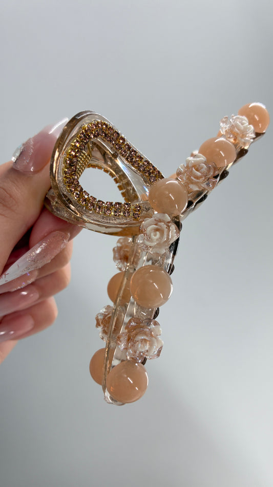 Beige Tan Beaded Rhinestone Claw Clip