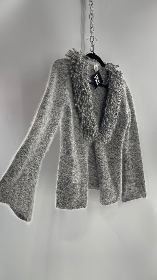 IJJCID Vintage Grey Soft Cardigan with Shaggy Collar 38% Rabbit Angora 5% Lamb Wool (Medium)