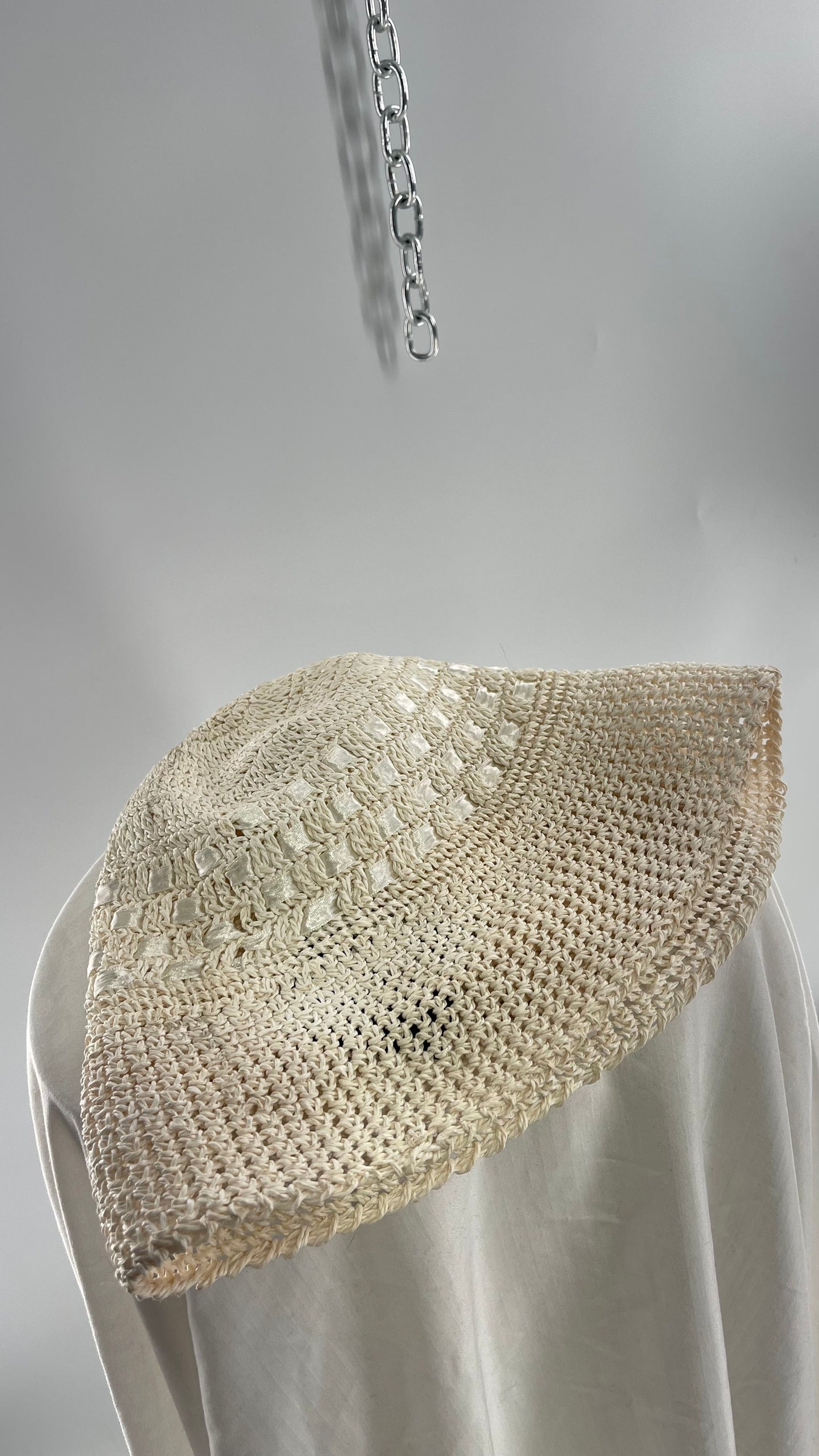 Deadstock Vintage Off White Asian Straw Bucket Hat with Ribbon Detailing