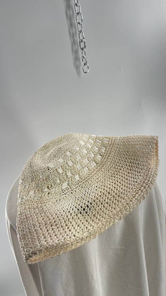 Deadstock Vintage Off White Asian Straw Bucket Hat with Ribbon Detailing