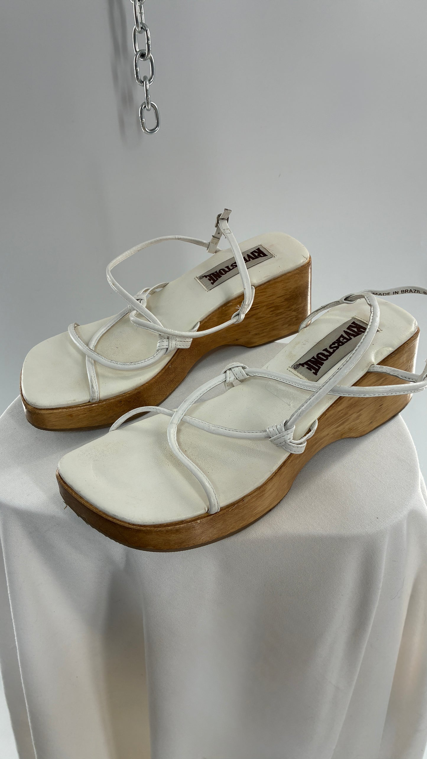 Vintage 1990s RIVERSTONE Wooden Platform Square Toe, Strappy Sandal Made in Brazil (8)