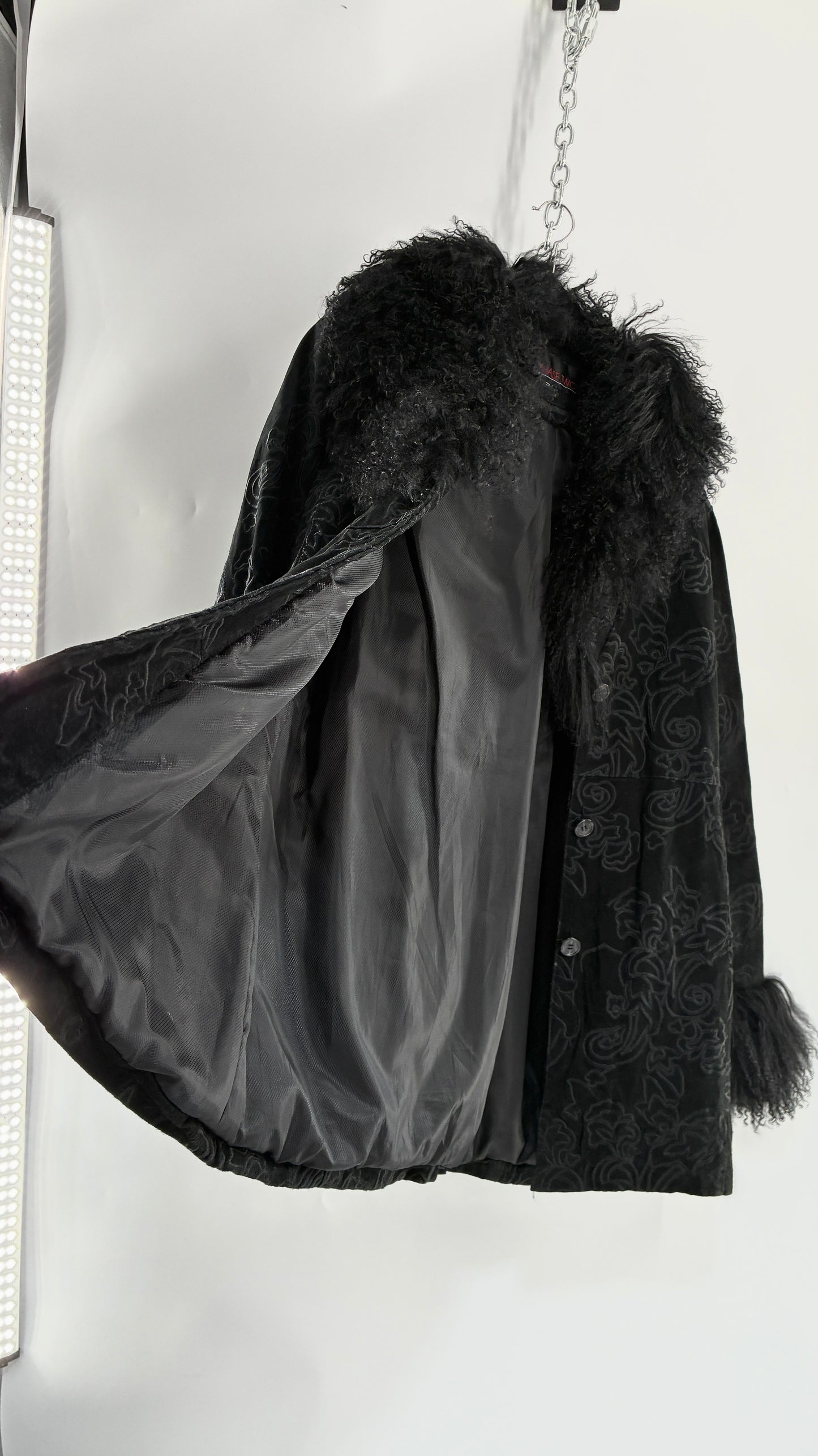 Vintage PHASE TWO Embroidered Black Genuine Suede Leather Coat with Mongolian Fur Collar and Cuffs (XXL)