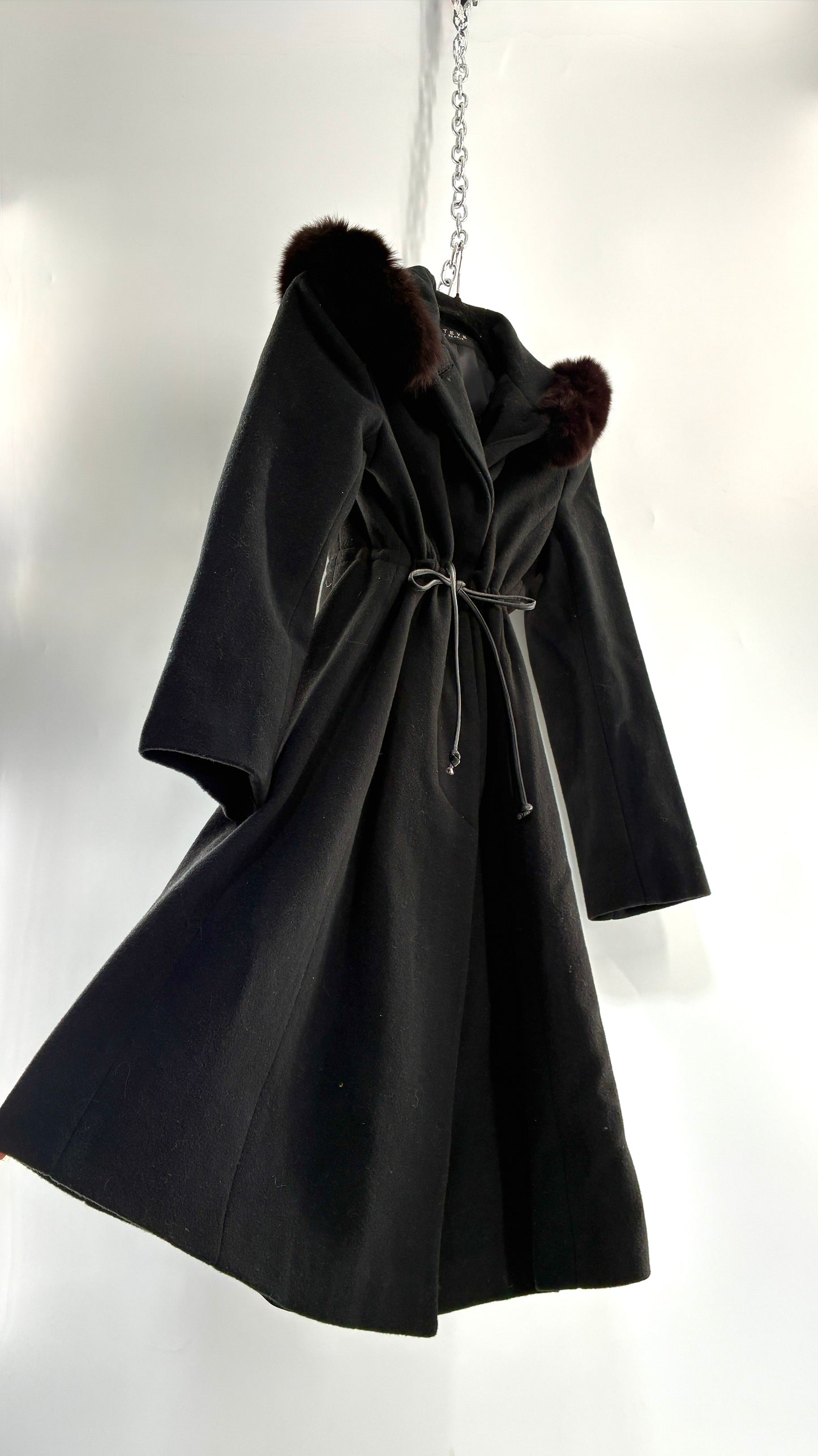 Vintage STEVE by SEARLE Cashmere Blend Coat with Underbust Tie and Fur Hood