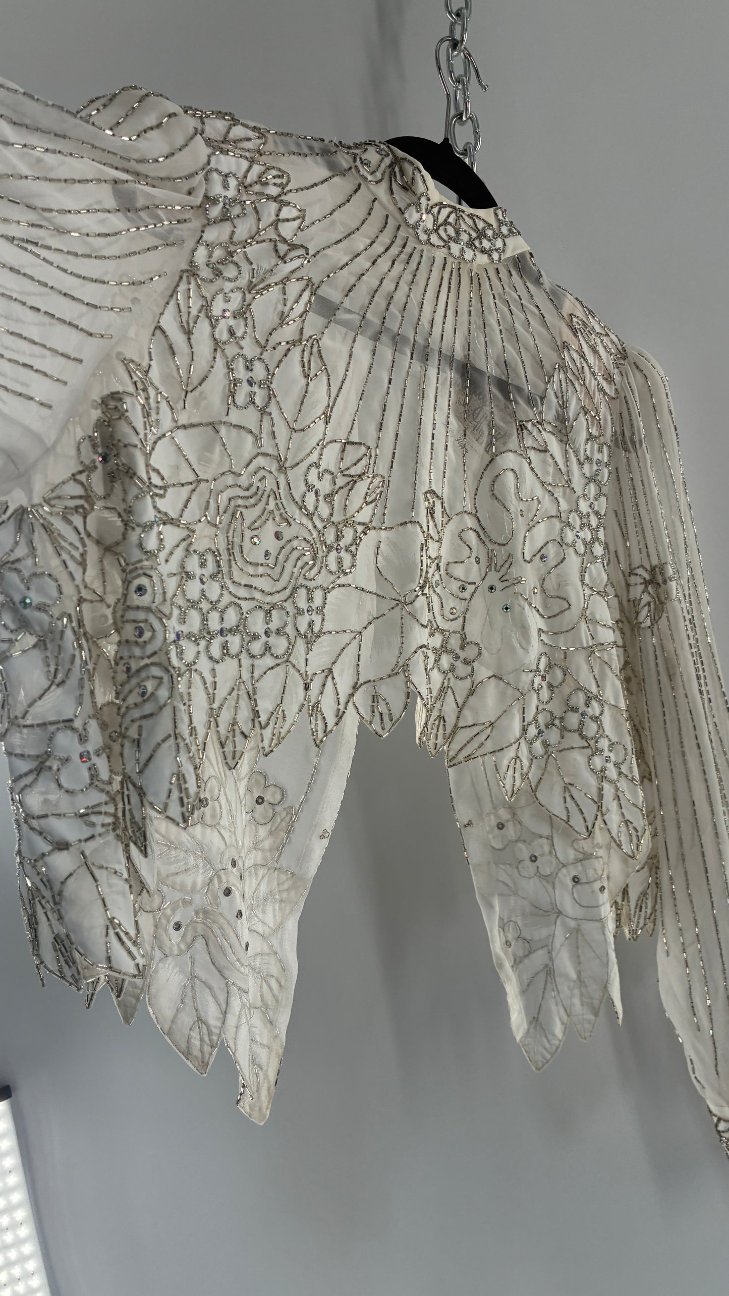Vintage Sheer White Bridal Beaded Open Back Floral Blouse with High Neck (Medium)