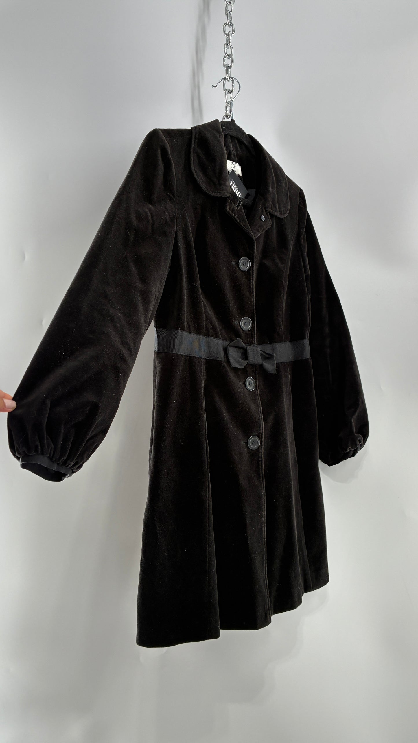Vintage Ann Taylor Black Velour Bubble Sleeve Coat with Ribbon Bow Belt (4P)