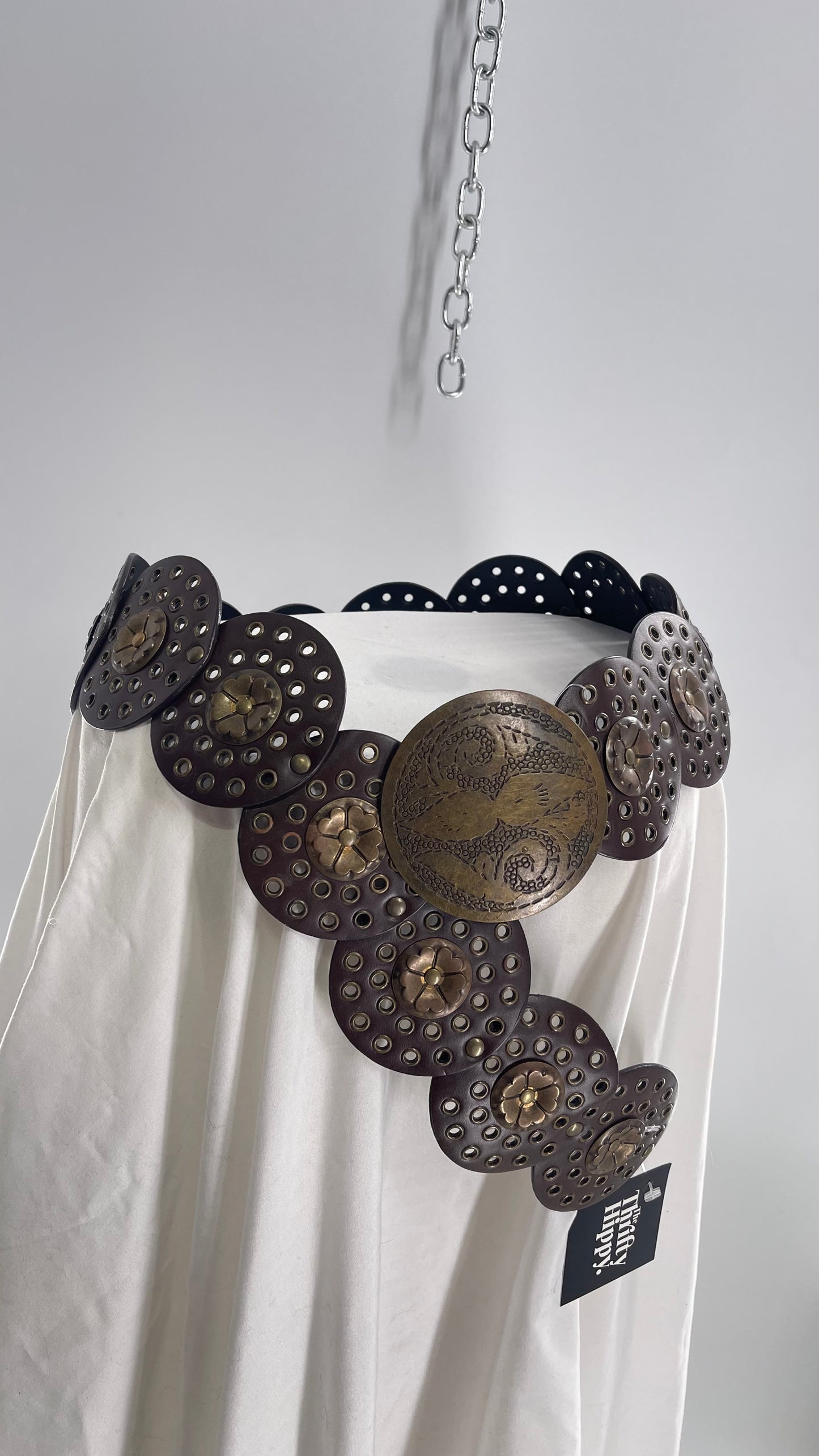 Vintage 1990s Oversized Concho Circle Belt with Grommets and Embossed Metal Flowers (One Size)