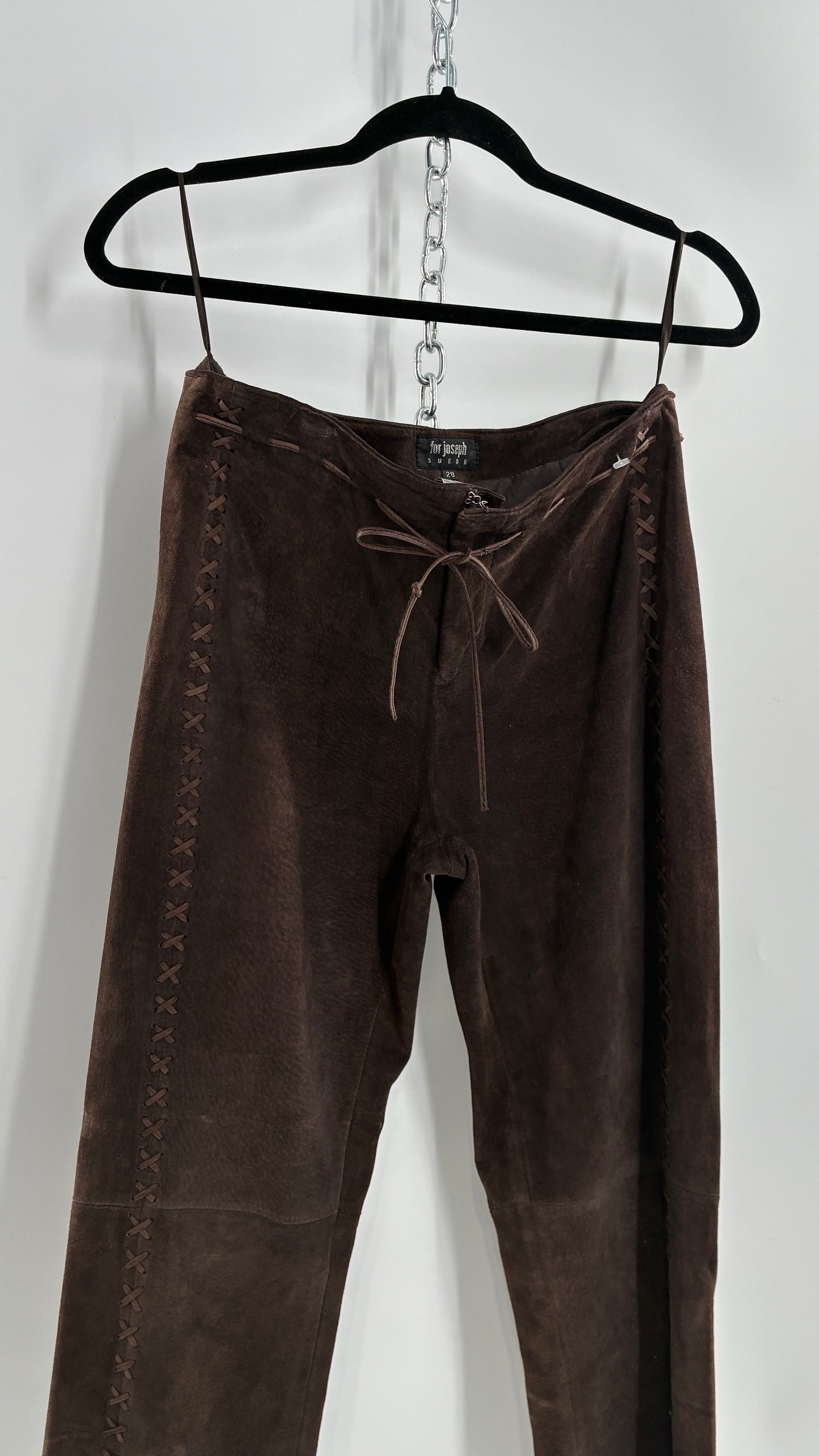 Vintage FOR JOSEPH Low Rise, Chocolate Brown Suede Pants with Leather Stitch Sides and Bow Closure (28)