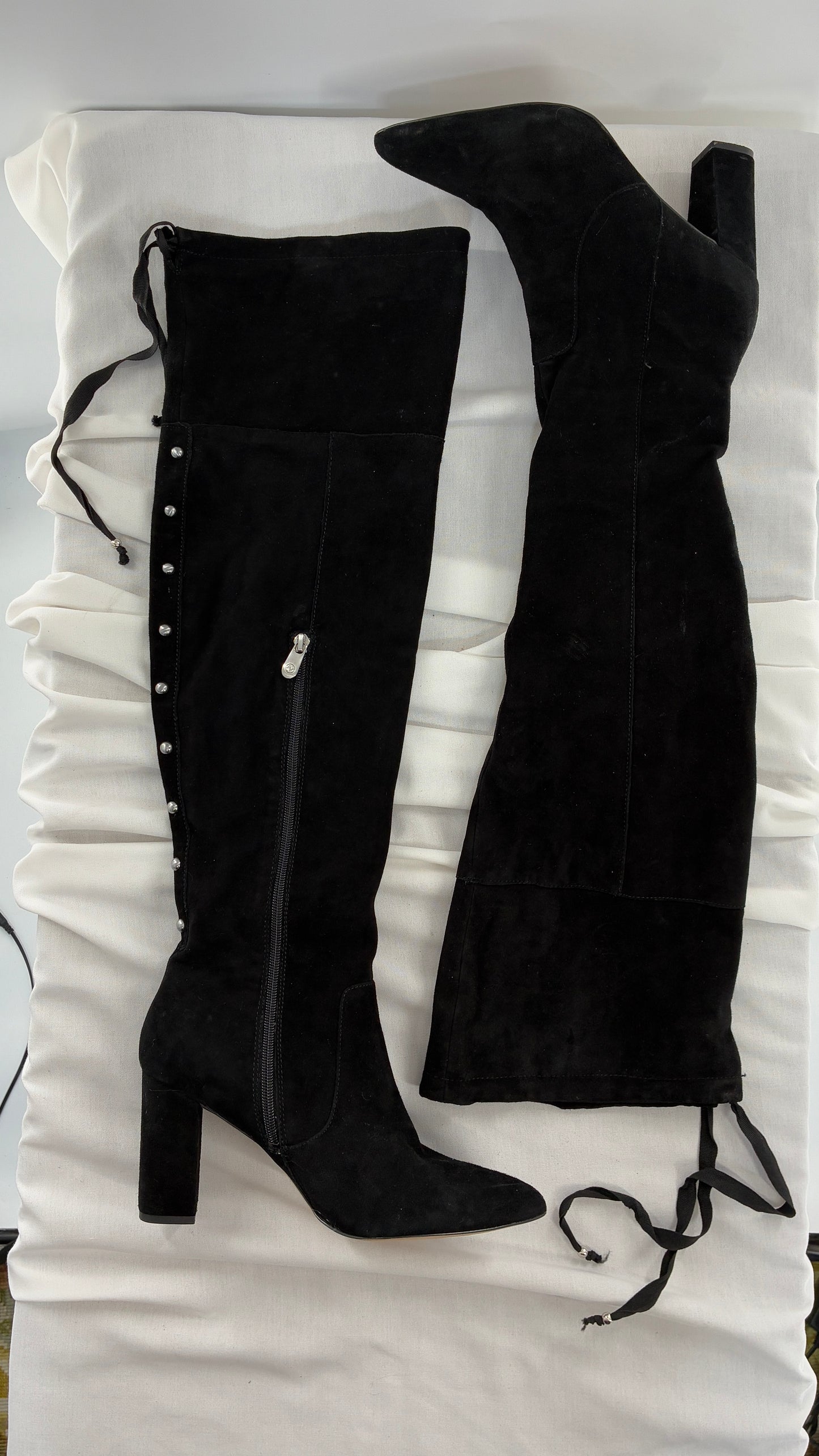 Vintage Black Genuine Suede ADRIENNE VITADINI Thigh High Pointed Toe Boots with Stud Detailing (10)