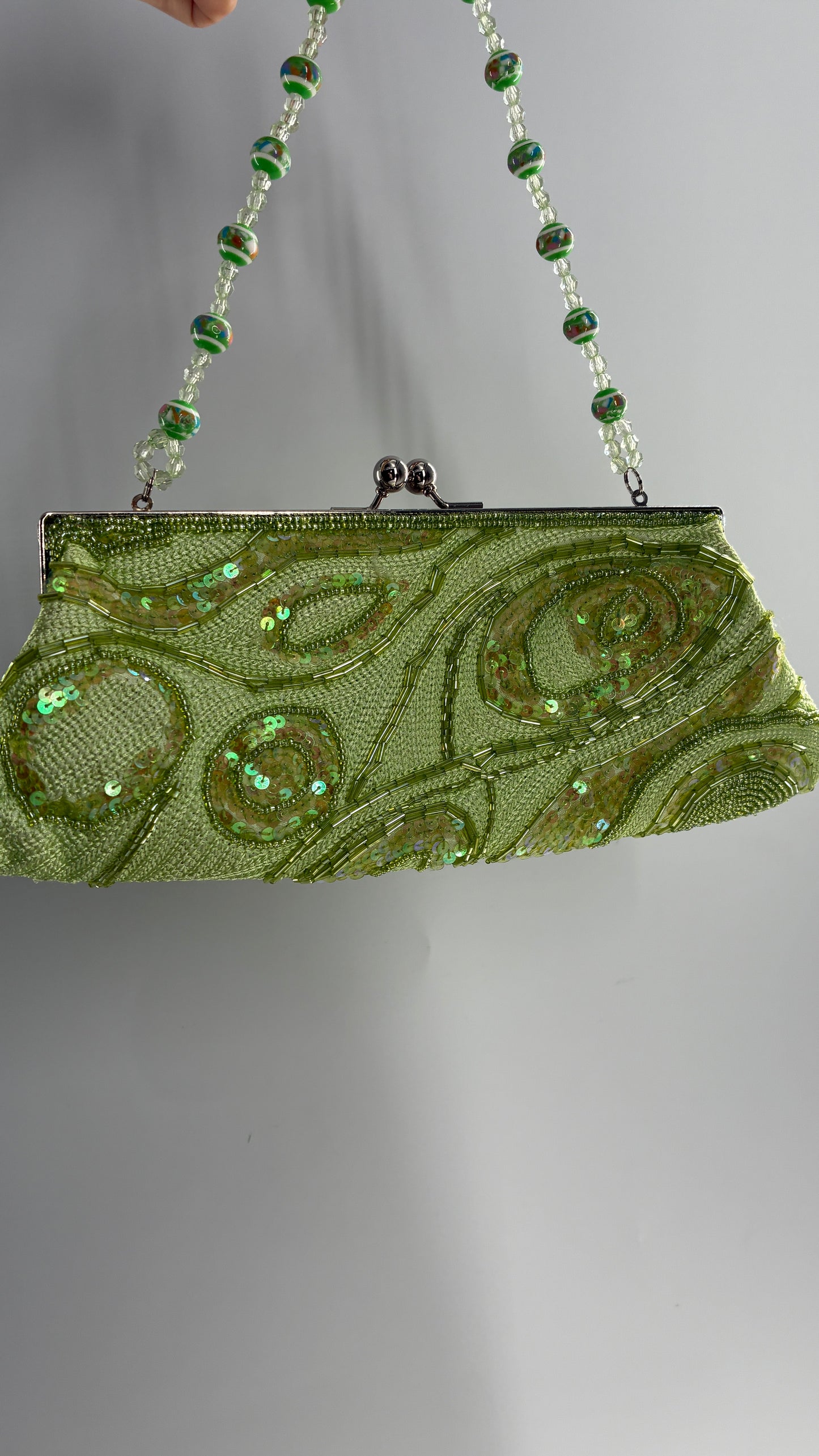 Vintage 1990s Light Green Knit Shoulder Purse with Sequins and Beaded Details