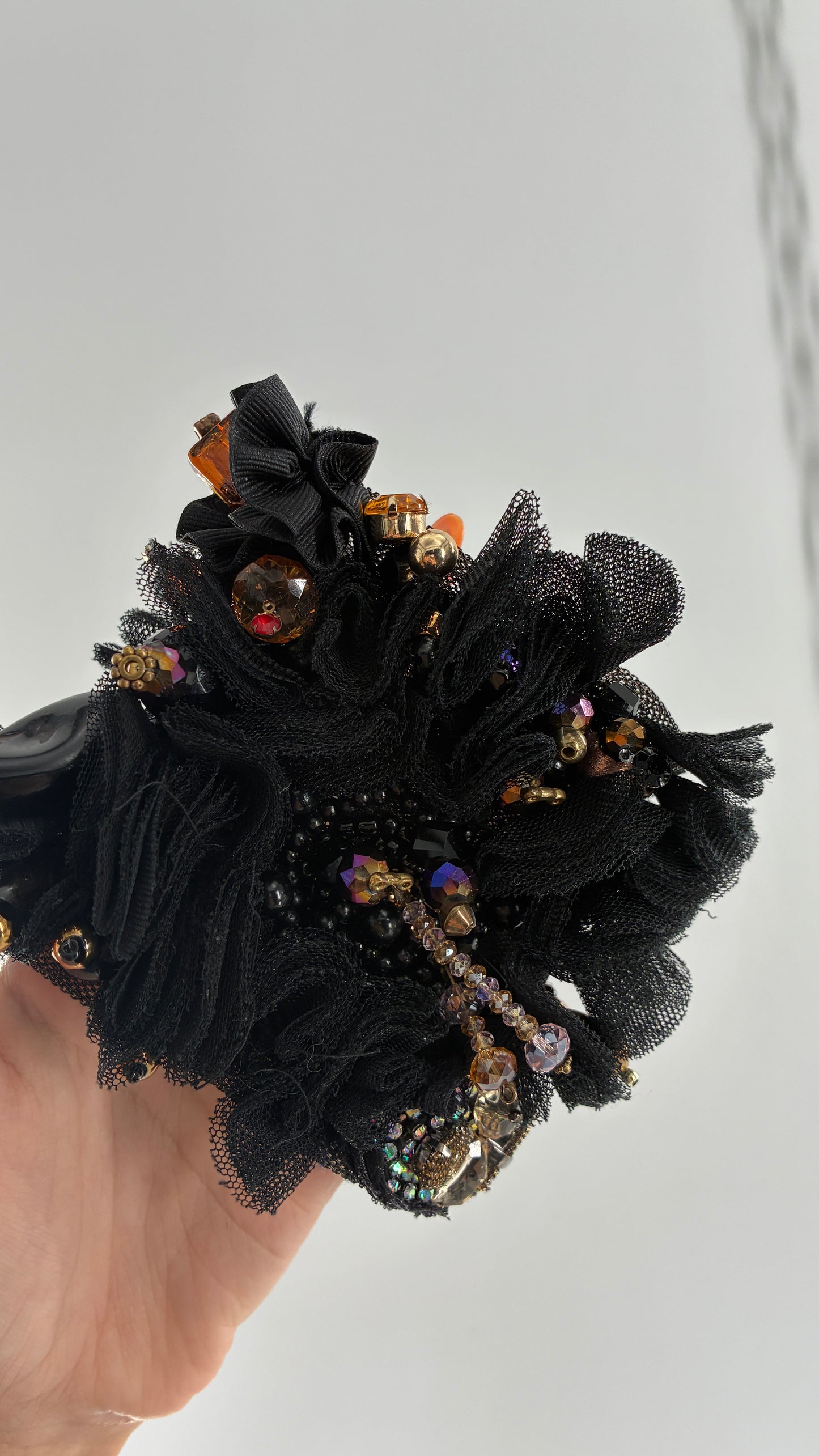 Vintage Black Tulle Jeweled Maximalist Statement Cuff Bracelet