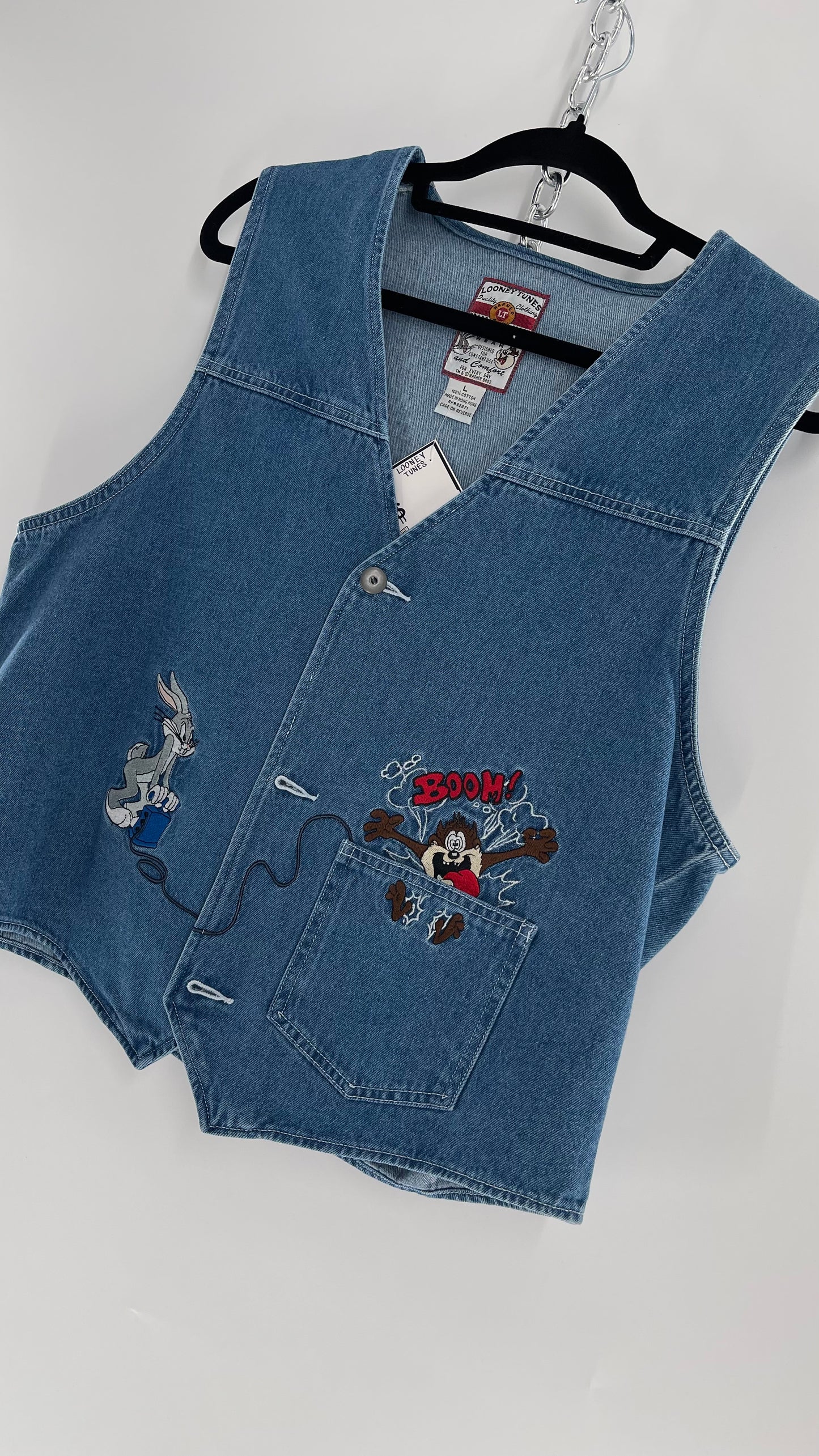 Vintage Looney Tunes Denim Vest with Embroidered Characters  (Large)