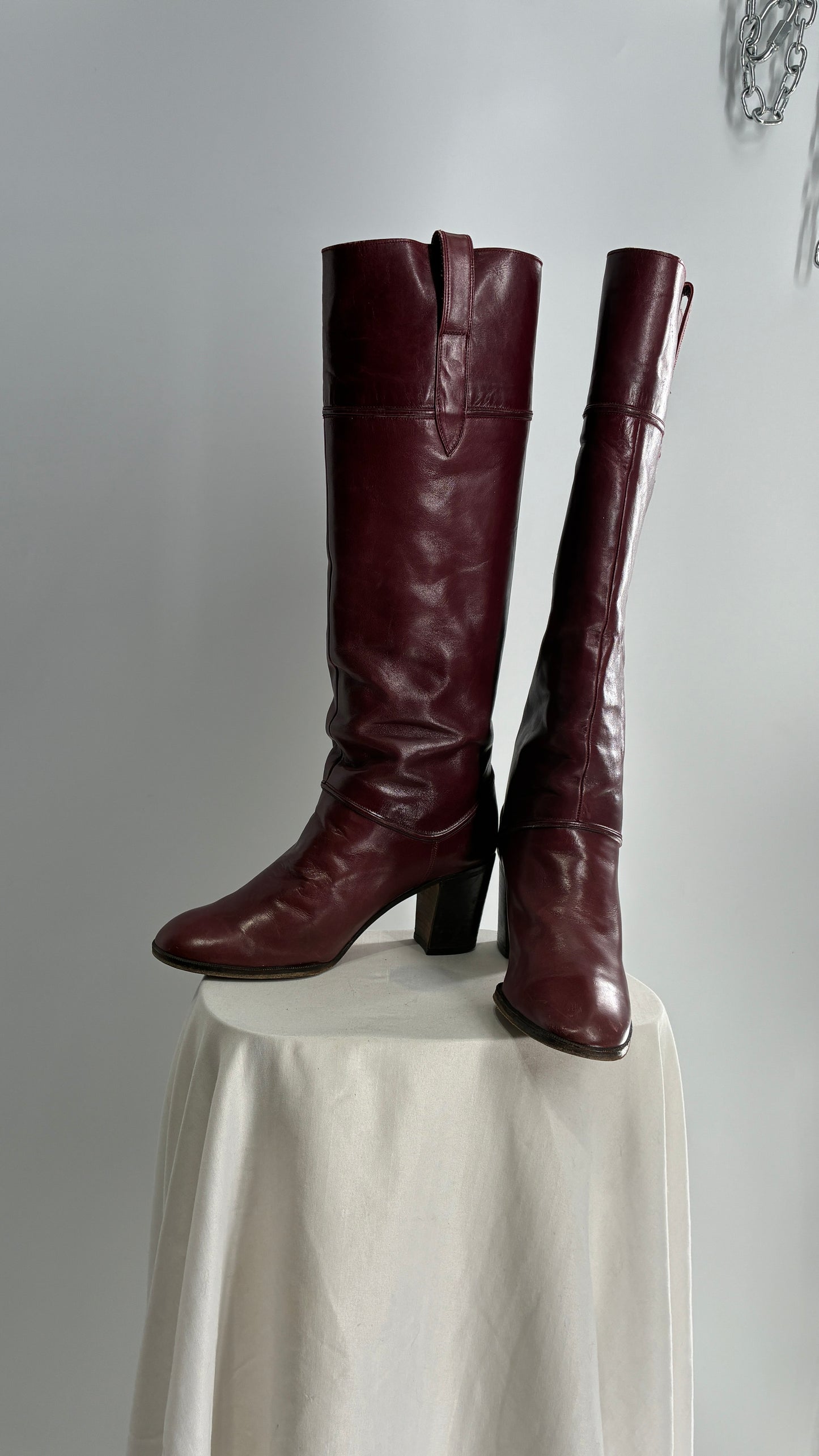 Vintage Red Leather Round Toe Knee High Boots Made in Spain Boots (38)