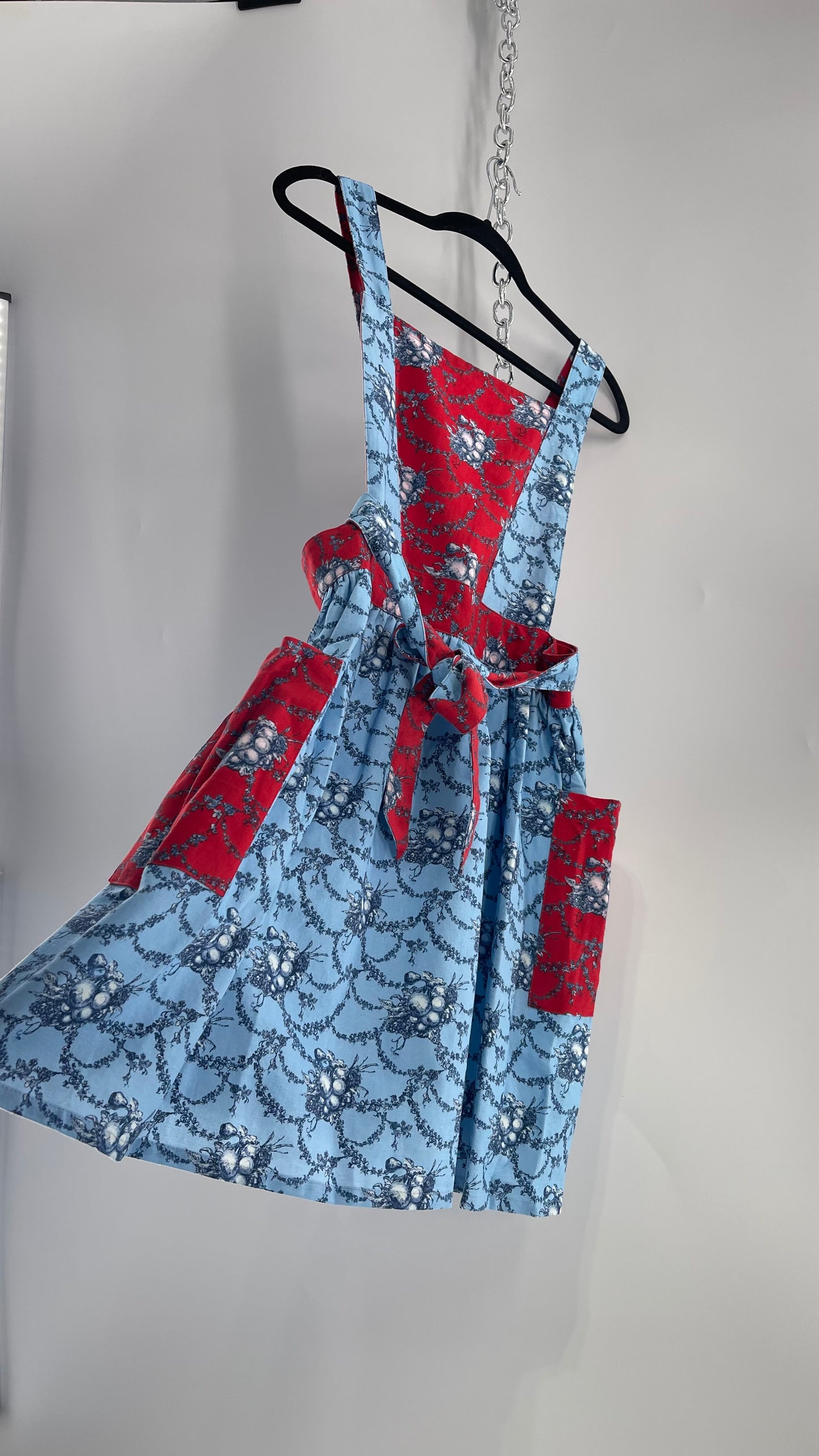 Vintage Apron Red and Baby Blue Floral/Citrus Patterned Mini Dress with Tie Around Bow (S\M)