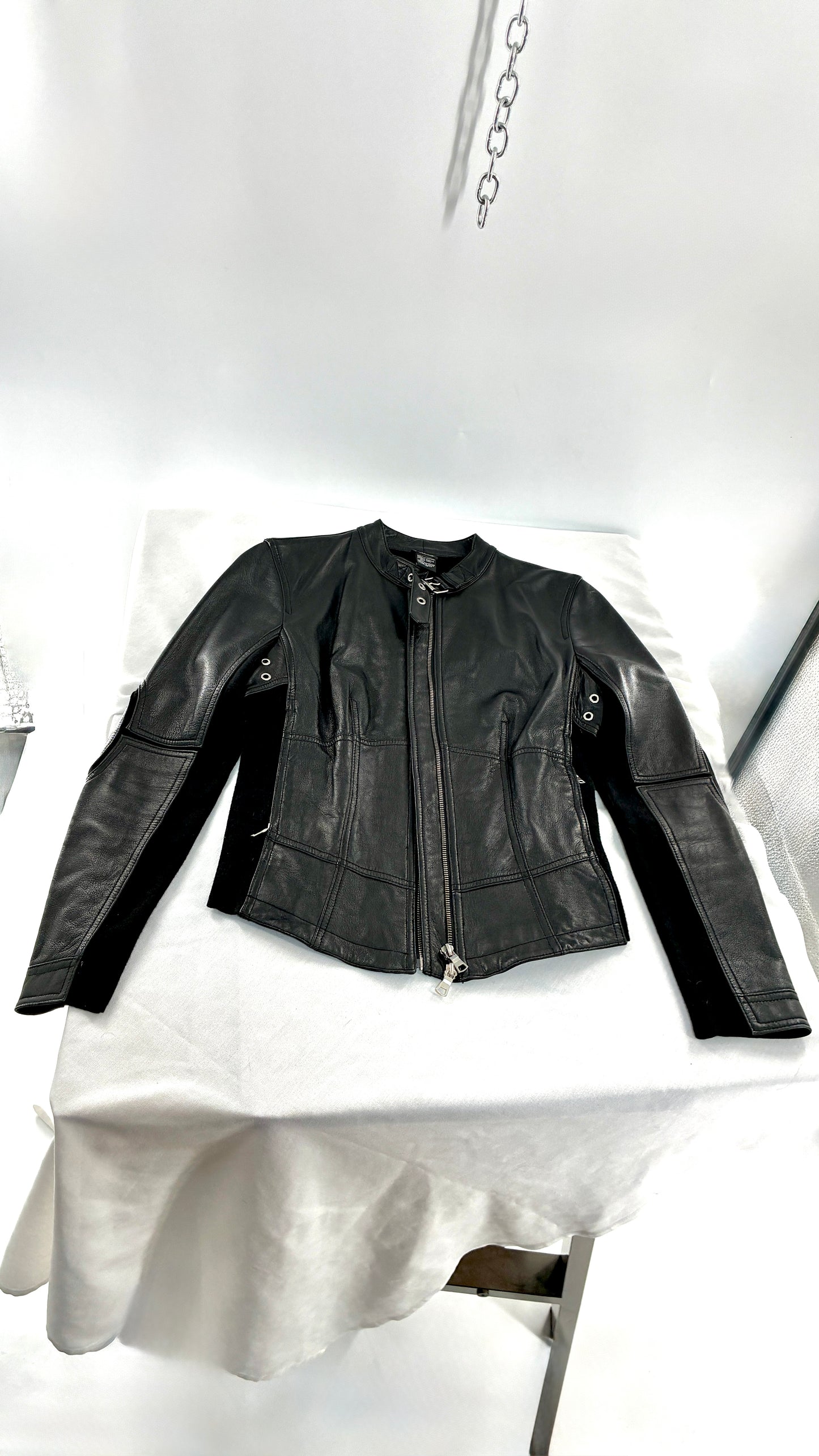 Vintage INC Black Genuine Leather and Wool Blend Paneled Patch Motorcycle Jacket (Medium)