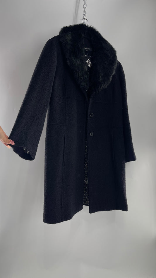 Vintage Sienna Studio Black Bouclé Coat with Faux Fur Detachable Collar and Leopard Lining (Large)