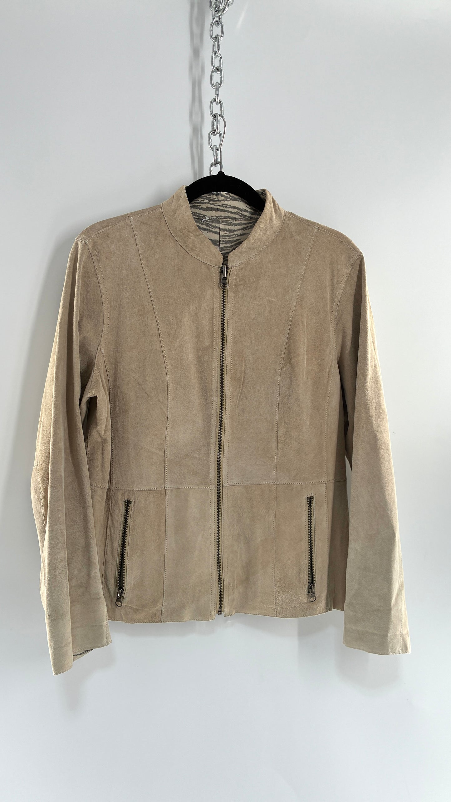 Vintage Reversible Thin Genuine Suede Leather Zip Up Jacket Beige/Zebra (Medium)