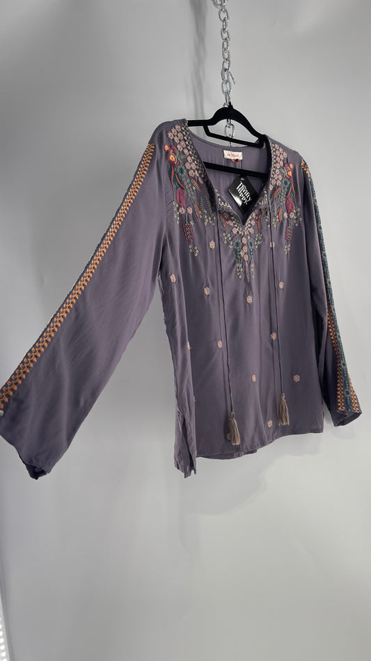 Anthropologie Solitaire Dusty Gray/Purple Embroidered Tunic Blouse (Medium)