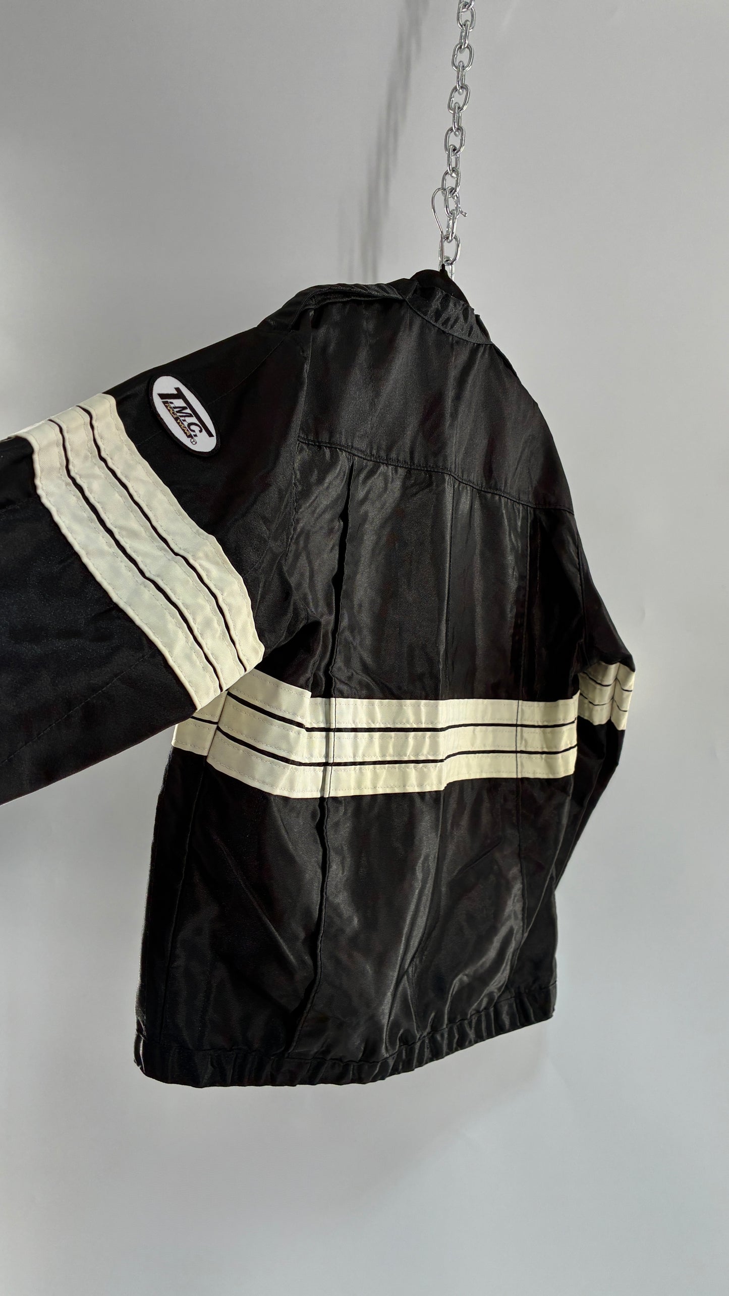 Vintage TMC RACING Black Jacket with White Striped Detailing (Large)