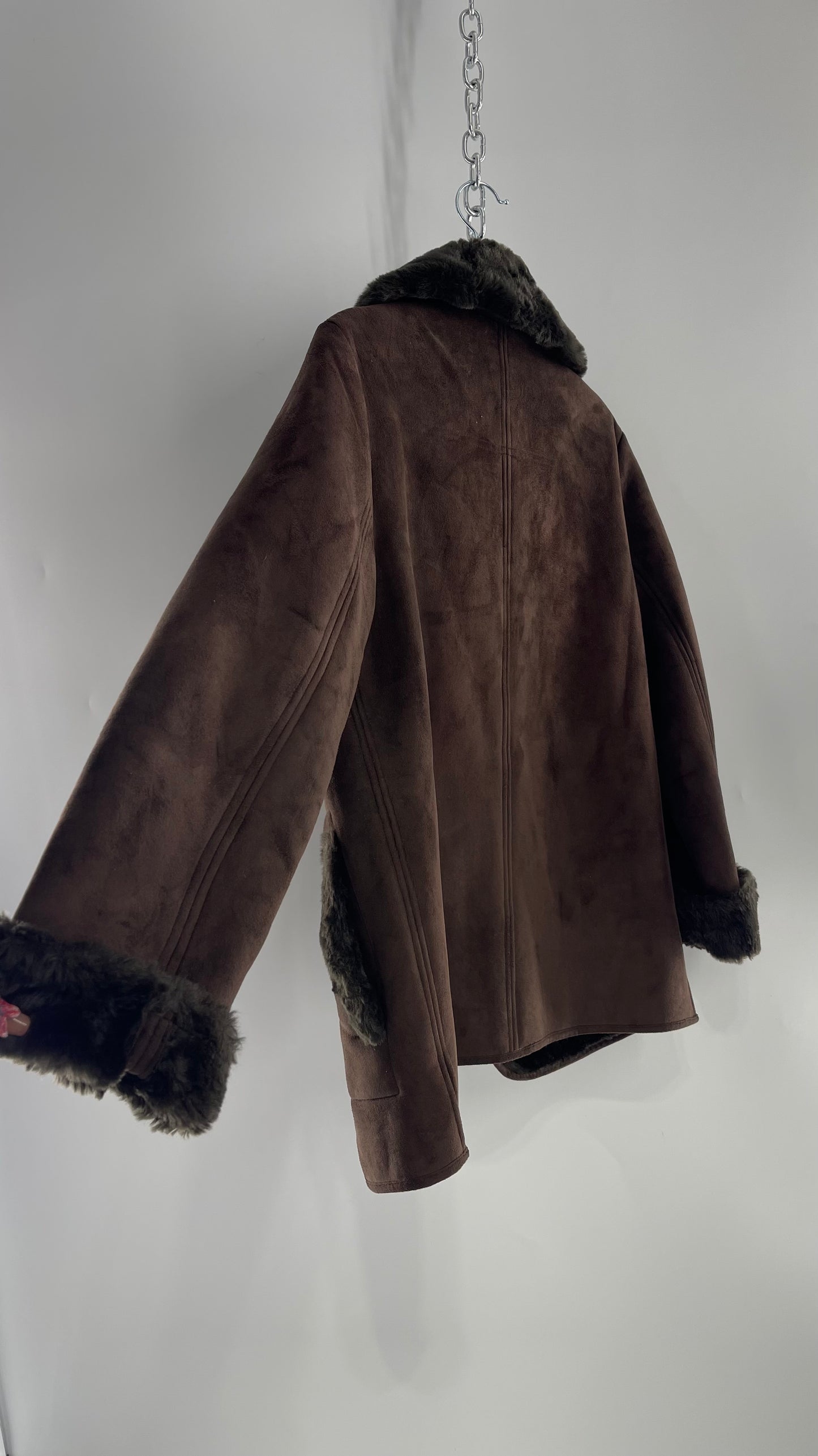 Vintage Brown Faux Suede Jacket with Faux Fur Cuffs and Collar (XS)