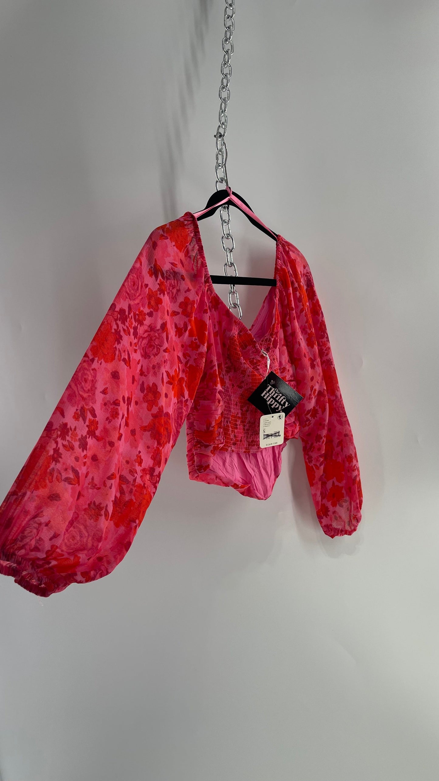 Free People Cropped Floral Blouse with Ruched Body, Balloon Sleeves and Appliqué Rosette Bustline with Tags Attached (XS)