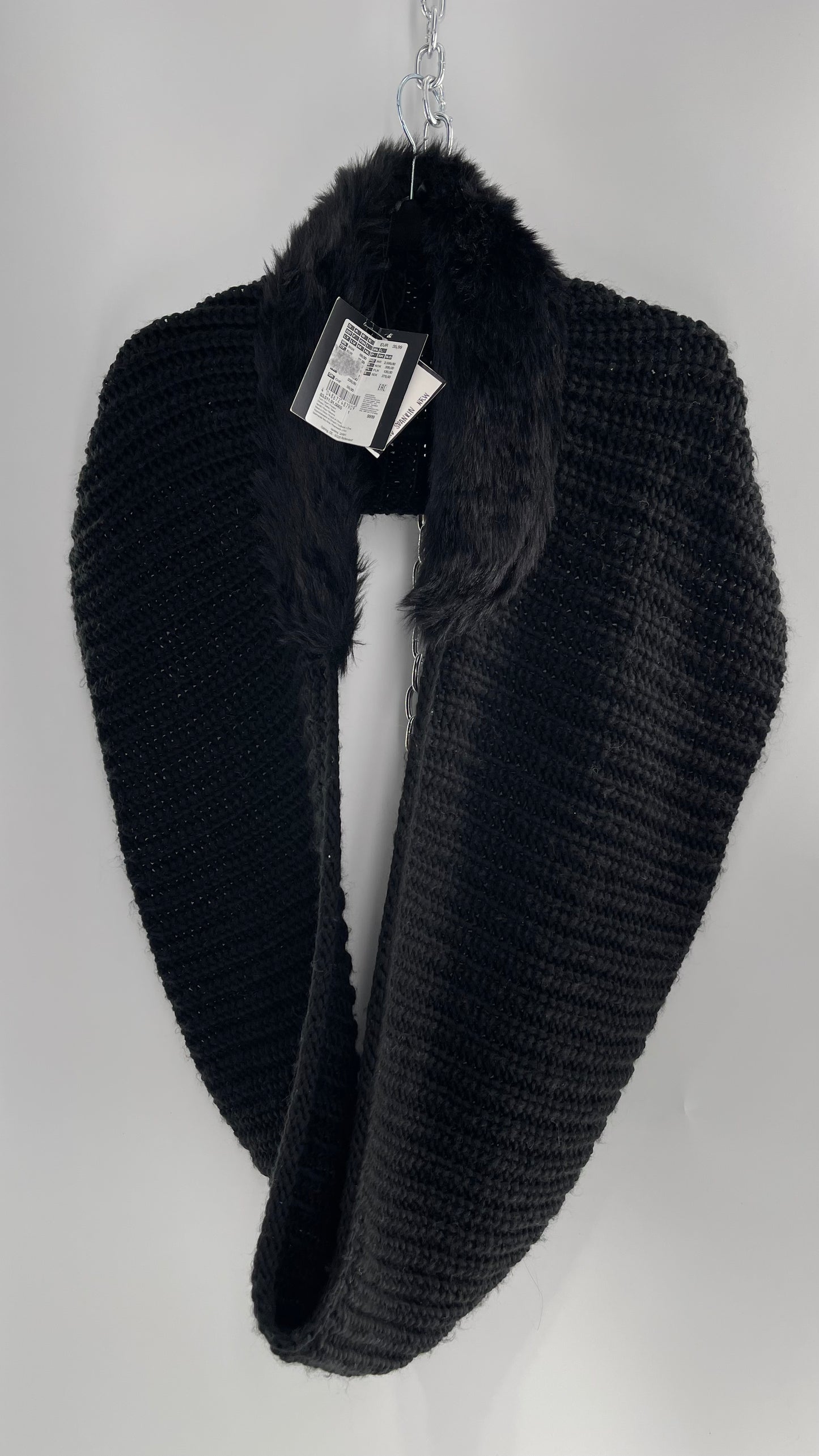 Comma Black Knit Infinity Scarf with Fur Trim Collar and Tags Attached