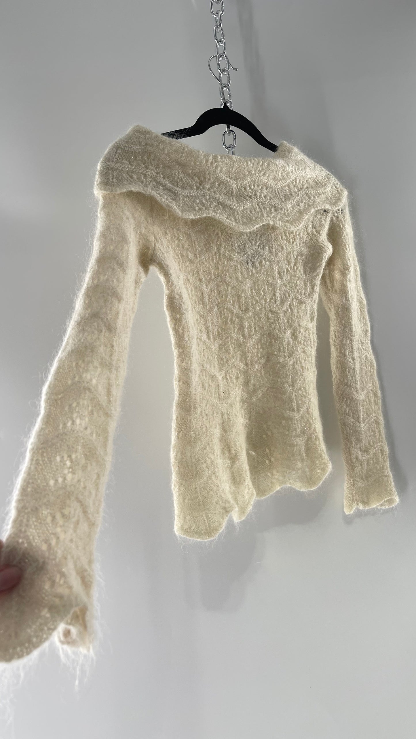 Vintage Ivory Off White Lace Knit Off the Shoulder Sweater Top (Medium)