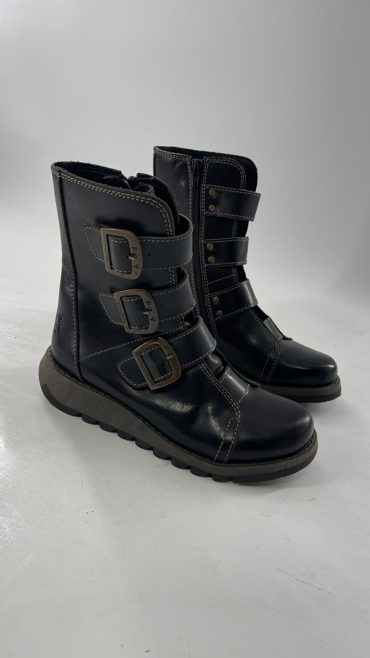 Fly London Black Zipper Side Biker Boot with Oversized Brass Buckles (38)