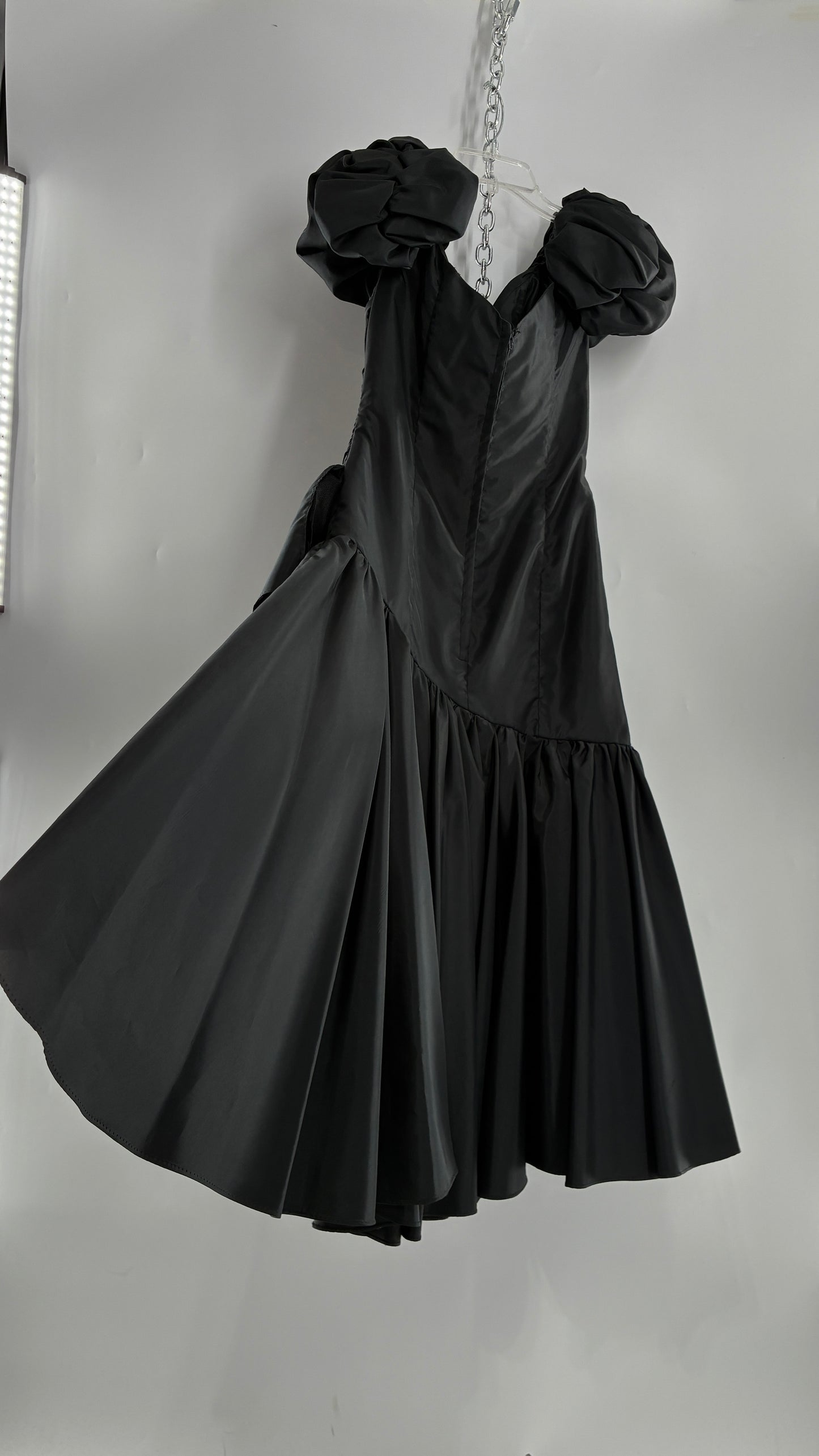 Vintage 1980s Black Gown with Ruched Bodice, Exaggerated Puff Sleeves, and Tiered Skirt (Measured)