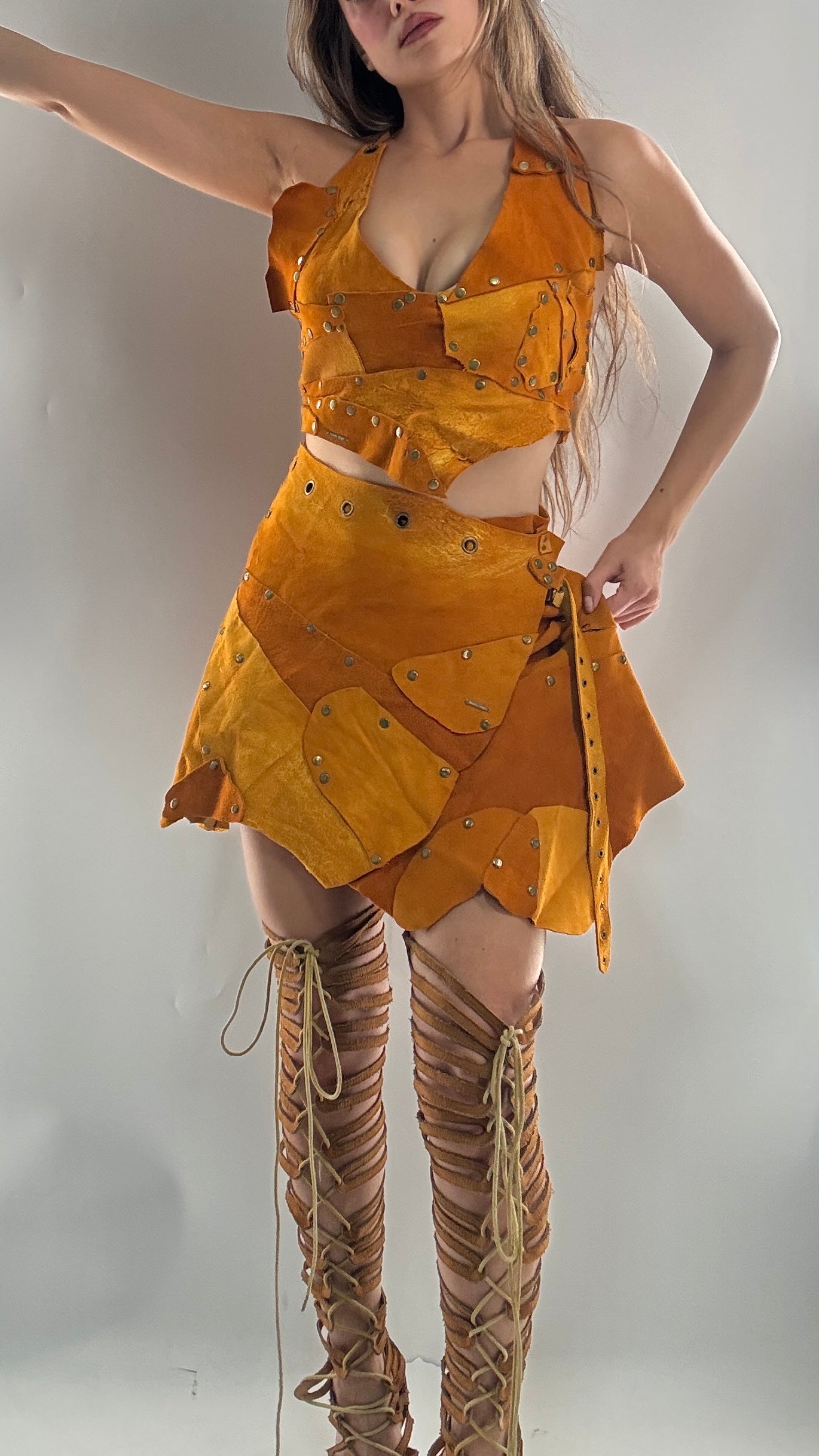 Handmade 1 of 1 and Pressed Genuine Suede and Pebbled Leather Reversible Corset Top and Grommet Skirt Set (XS-M)