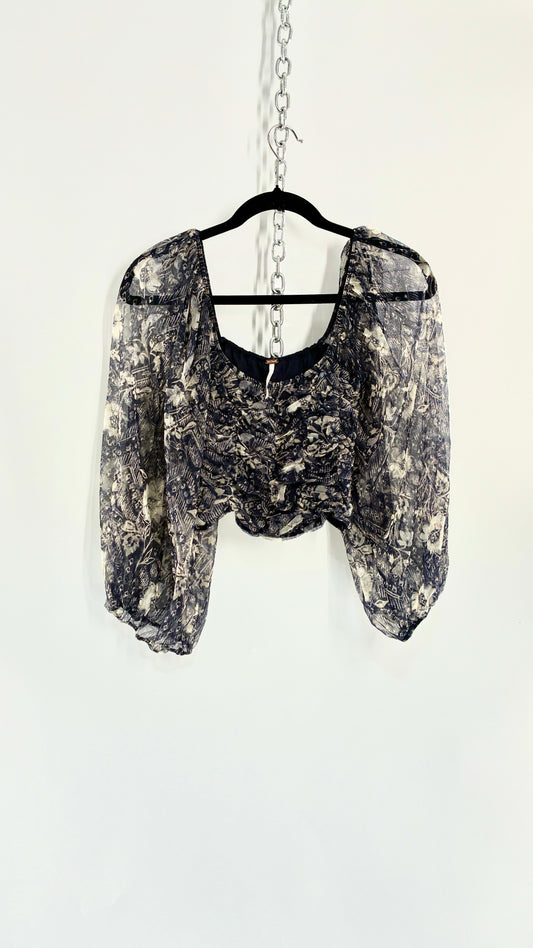 Free People Denim Blue Balloon Sleeve Mesh Ruched Blouse (Medium)
