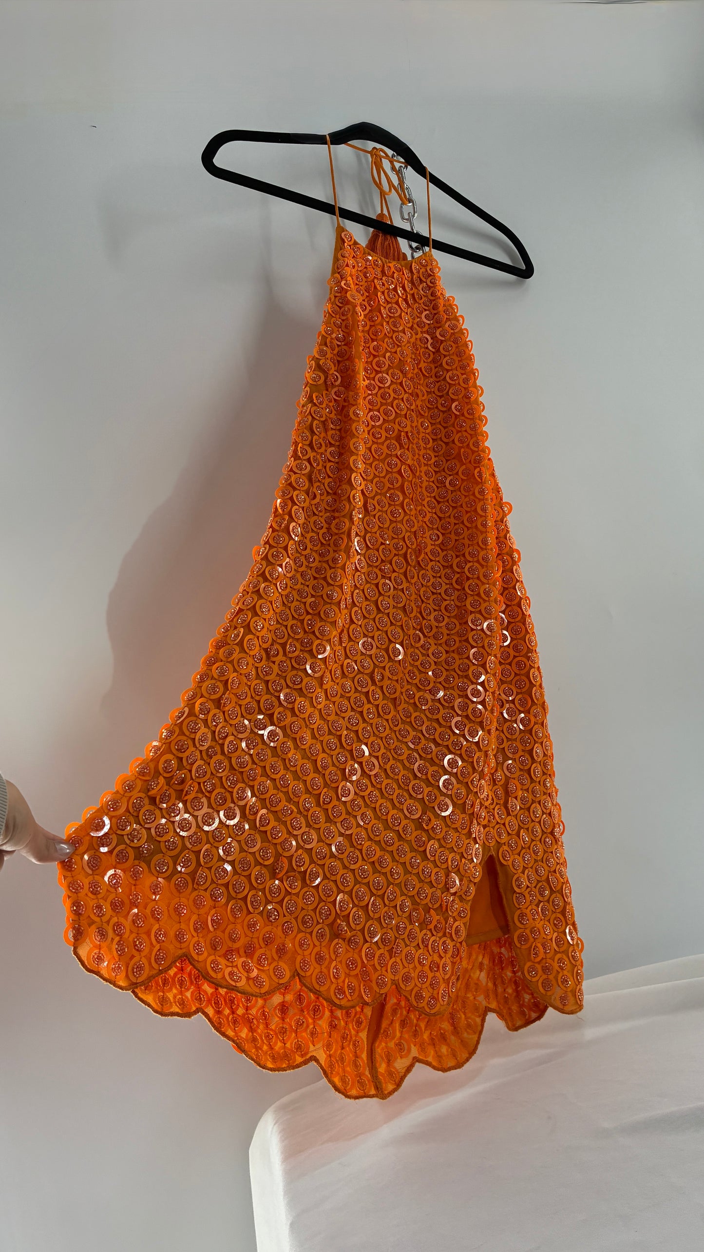 X by NBD Orange Backless Halter Mini Dress with Scalloped Hem, Covered in Beads and Sequins (Medium)