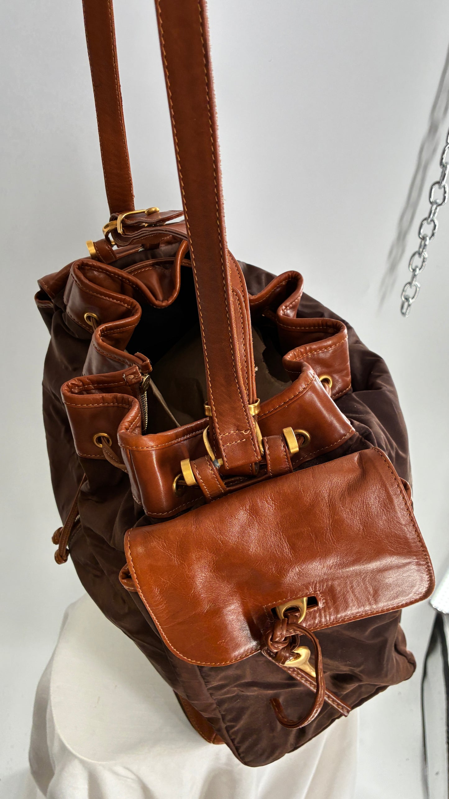 Vintage DONNA KARAN DKNY Oversized XL Brown Zip Front Bag with Leather Details