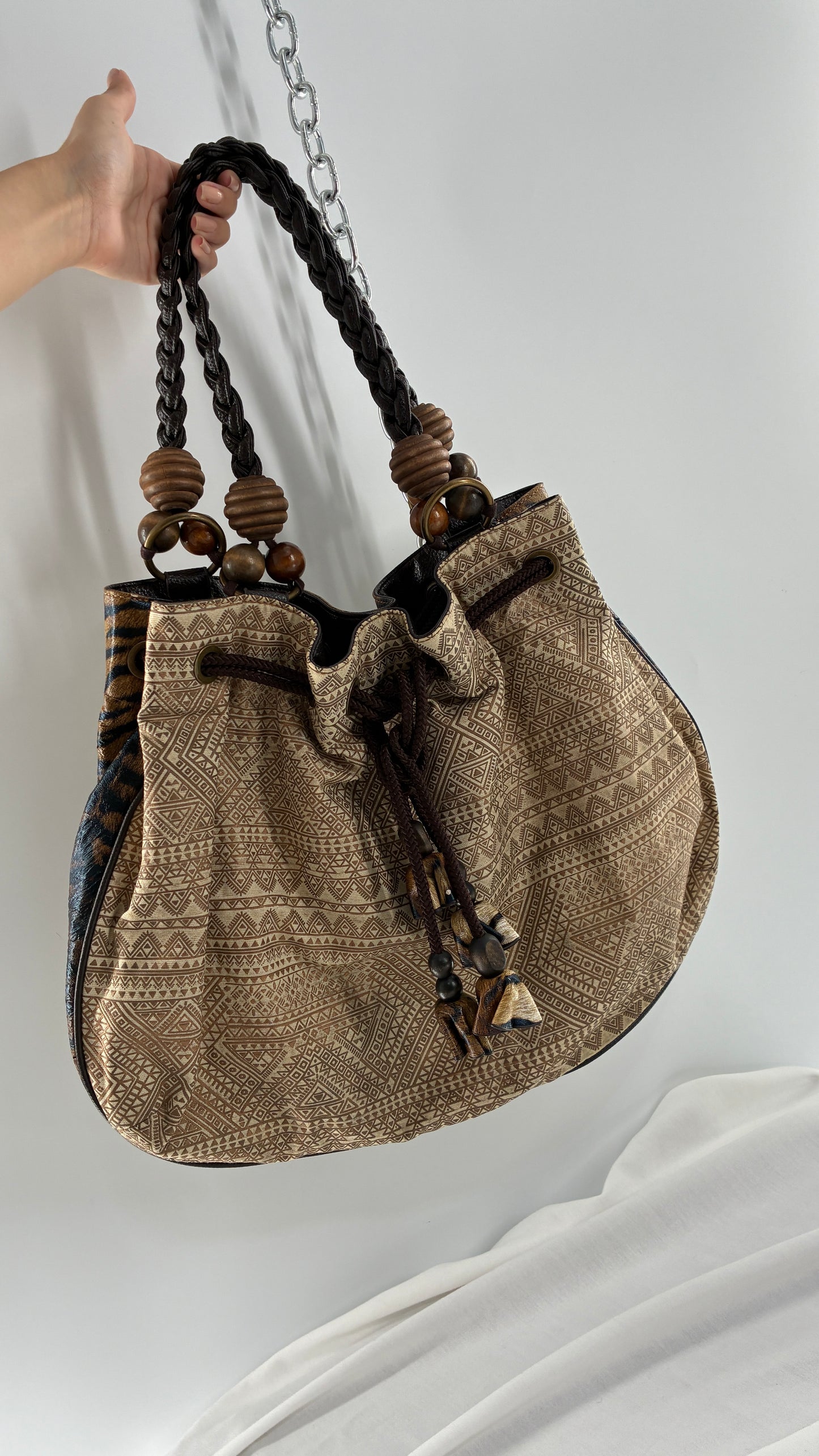 Vintage Oversized Animal Print Slouchy Bag with Braided Leather Strap and Beaded Details