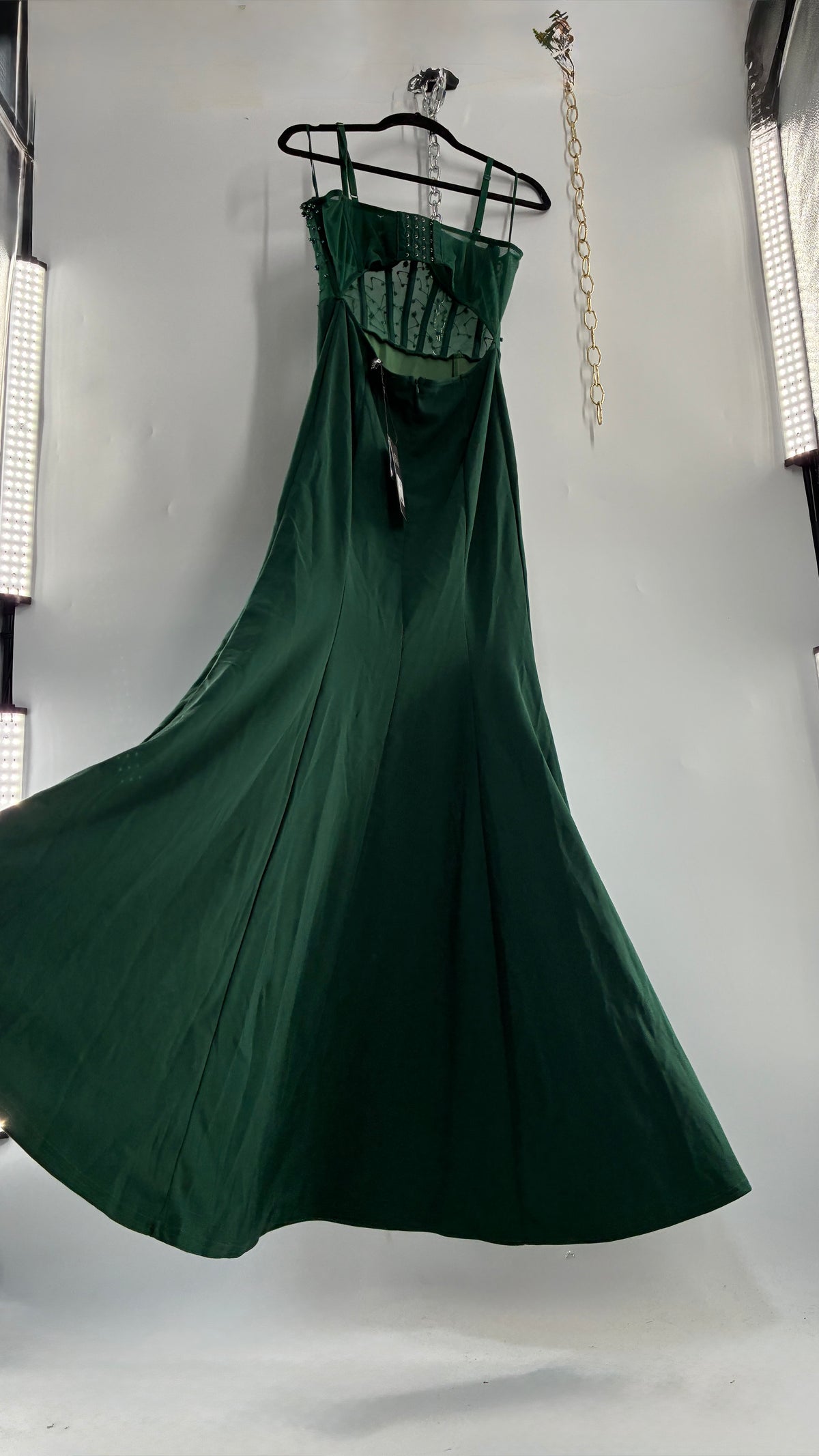 WINDSOR Green Backless Gown with Beaded Corset, Thigh Slit, and Tags Attached (Large)