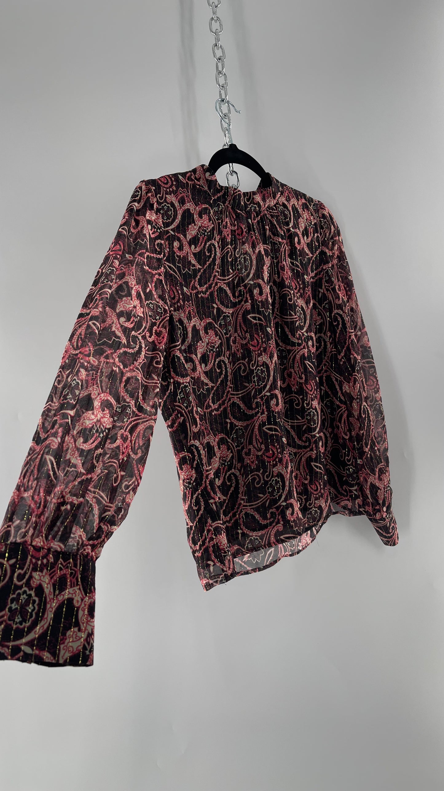 Kachel 95% Silk Black Paisley Blouse with Gold Tinsel Bessie Anthropologie (6)