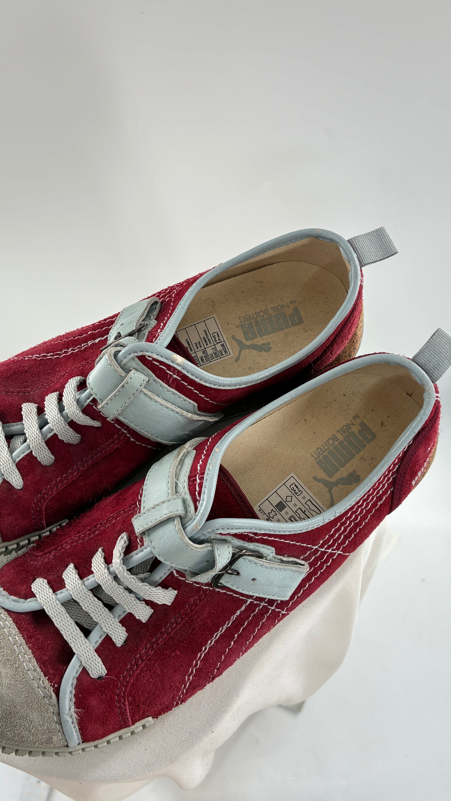 RARE 1/1 PUMA X Neil Barrett 2004 Maroon Red Suede Round Toe Sneaker with Powder Blue Stitching, Laces, and Velcro Buckle (11)