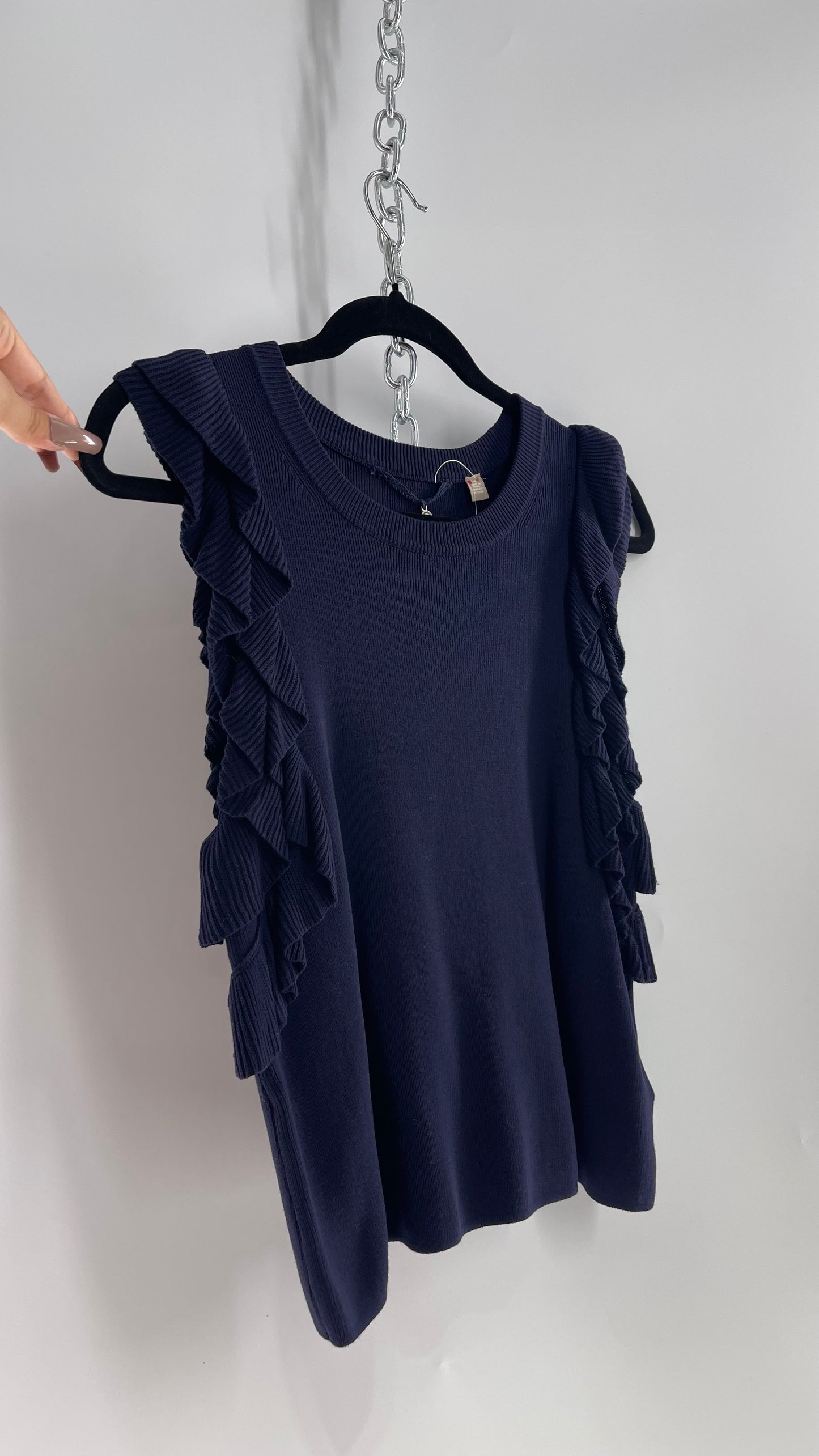 Anthropologie Knitted & Knotted Navy Ruffled Arm Sleeveless Blouse (Small)