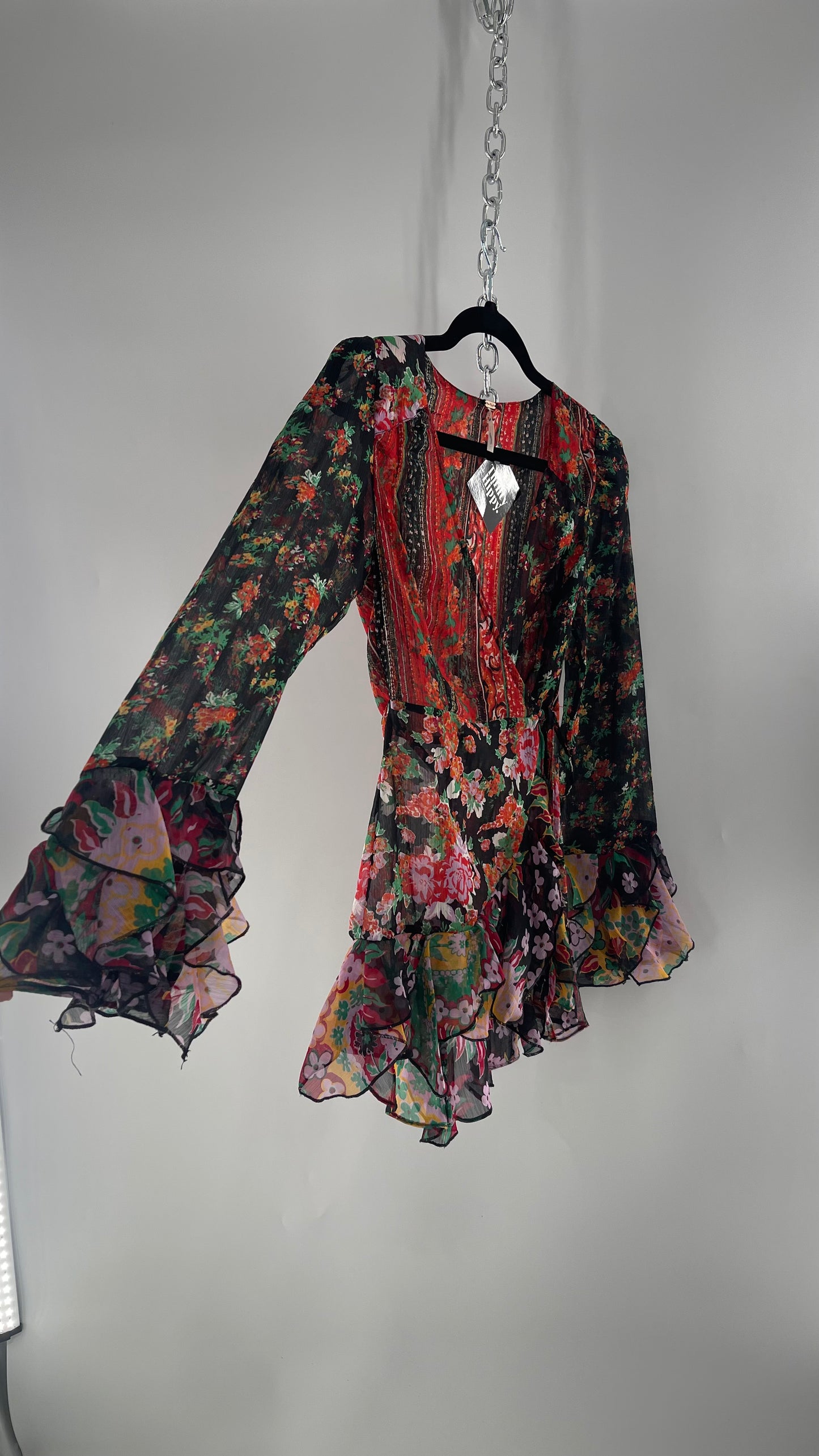 Free People Black Colorful Floral Tie Front Blouse with Ruffled Sleeves and Hem(XS)