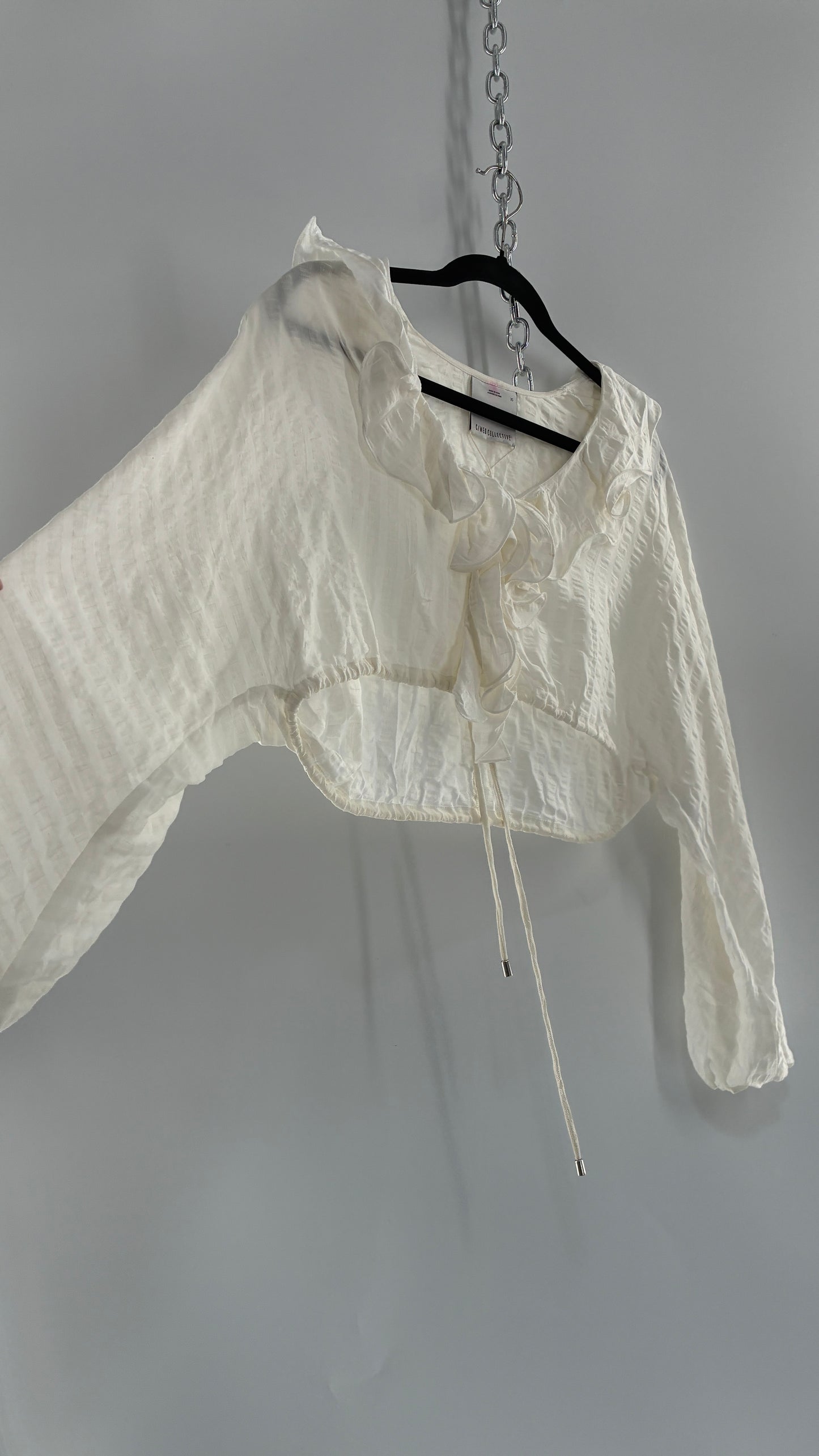 CMEO Collective White Balloon Sleeve Blouse with Ruffled, Button Up Neckline and Adjustable Drawstring Waist (XS 0-2)