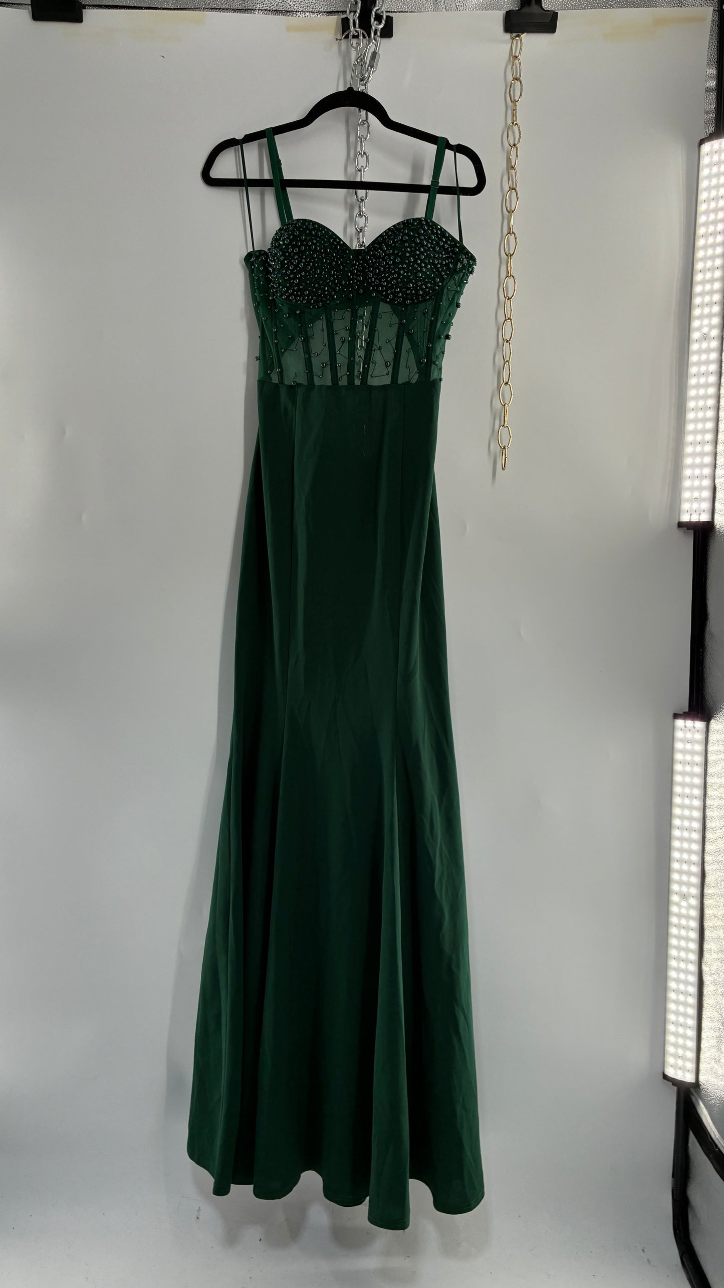 WINDSOR Green Backless Gown with Beaded Corset, Thigh Slit, and Tags Attached (Large)