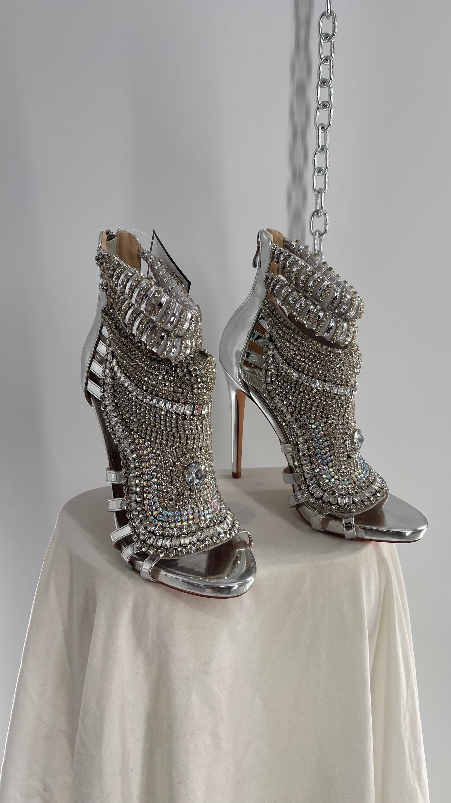 AZALEA WANG Platinum Silver Pusher Crystal Rhinestone Embellished Heel with Ankle Straps (10)