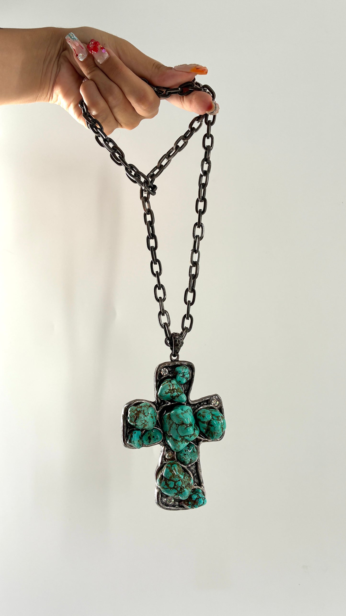 Vintage Heavy Metal Cross Necklace with Soldered Turquoise Stones and Rhinestones