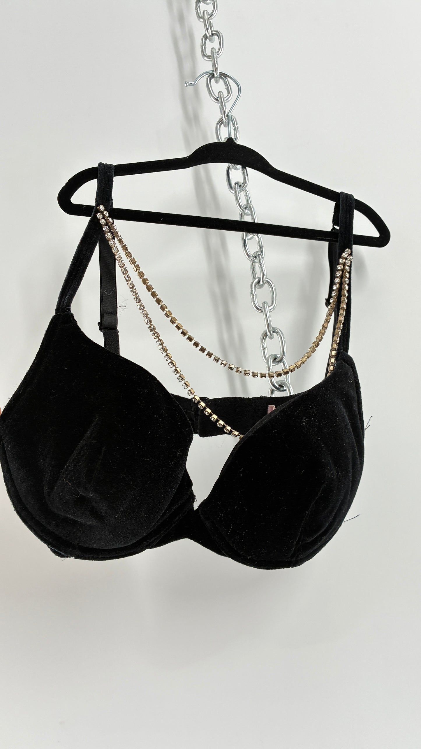 Vintage VICTORIAS SECRET Black Velour Bra with Rhinestone Draping  (34B)